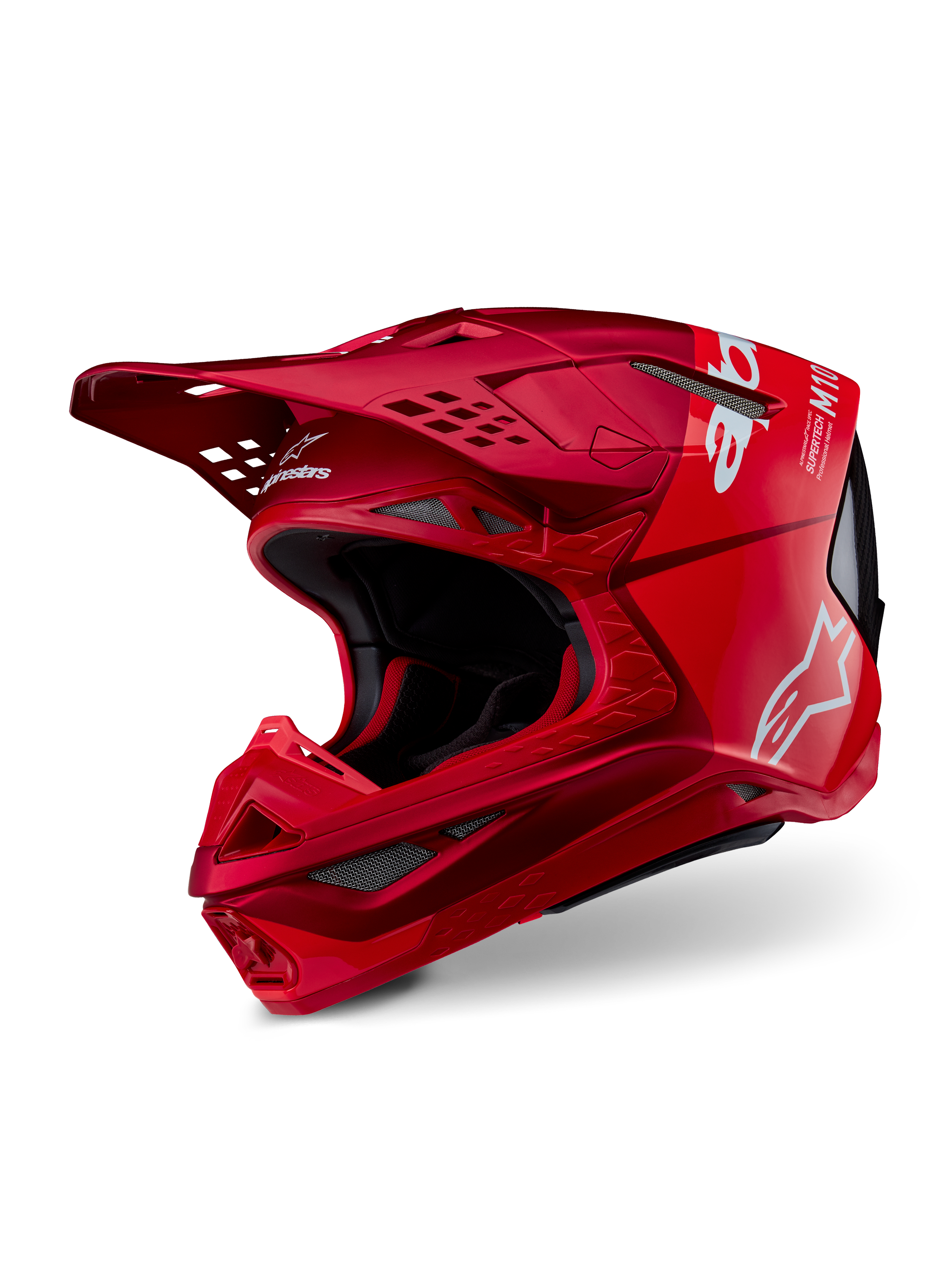 Casco Alpinestars Supertech M10 Flood, casco de motocross, rojo y rojo flúor mate y brillante, con logotipos blancos de Alpinestars, perfil aerodinámico con múltiples puertos de ventilación, carcasa ligera de compuesto de carbono para carreras todoterreno