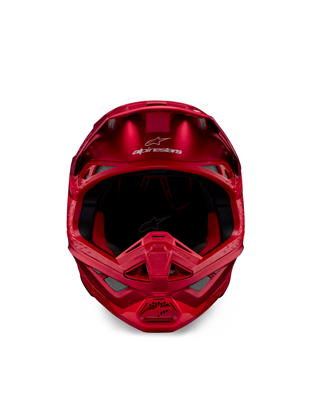 Casco Alpinestars Supertech M10 Flood, casco de motocross, Rojo Flúor y Rojo Mate/Brillante, vista frontal que muestra el perfil aerodinámico con múltiples puertos de ventilación, logotipo de Alpinestars en la frente y forro interior rojo, equipo profesional de carreras todoterreno