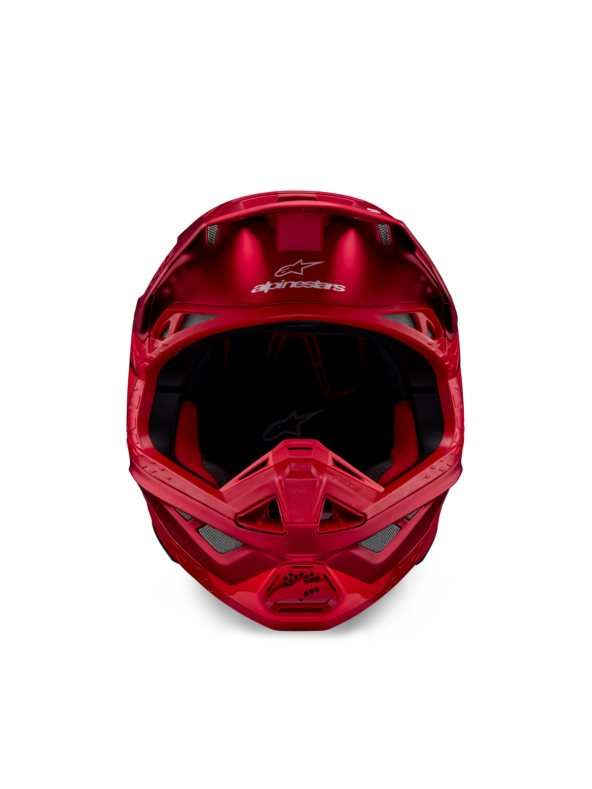 Casco Alpinestars Supertech M10 Flood, casco de motocross, Rojo Flúor y Rojo Mate/Brillante, vista frontal que muestra el perfil aerodinámico con múltiples puertos de ventilación, logotipo de Alpinestars en la frente y forro interior rojo, equipo profesional de carreras todoterreno