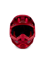 Alpinestars Supertech M10 Flood Helmet, Motocross Helmet, Red Fluo and Red Matte/Glossy, front-facing view showing aerodynamic profile with multiple ventilation ports, Alpinestars logo on the forehead, and red interior lining, professional off-road racing gear