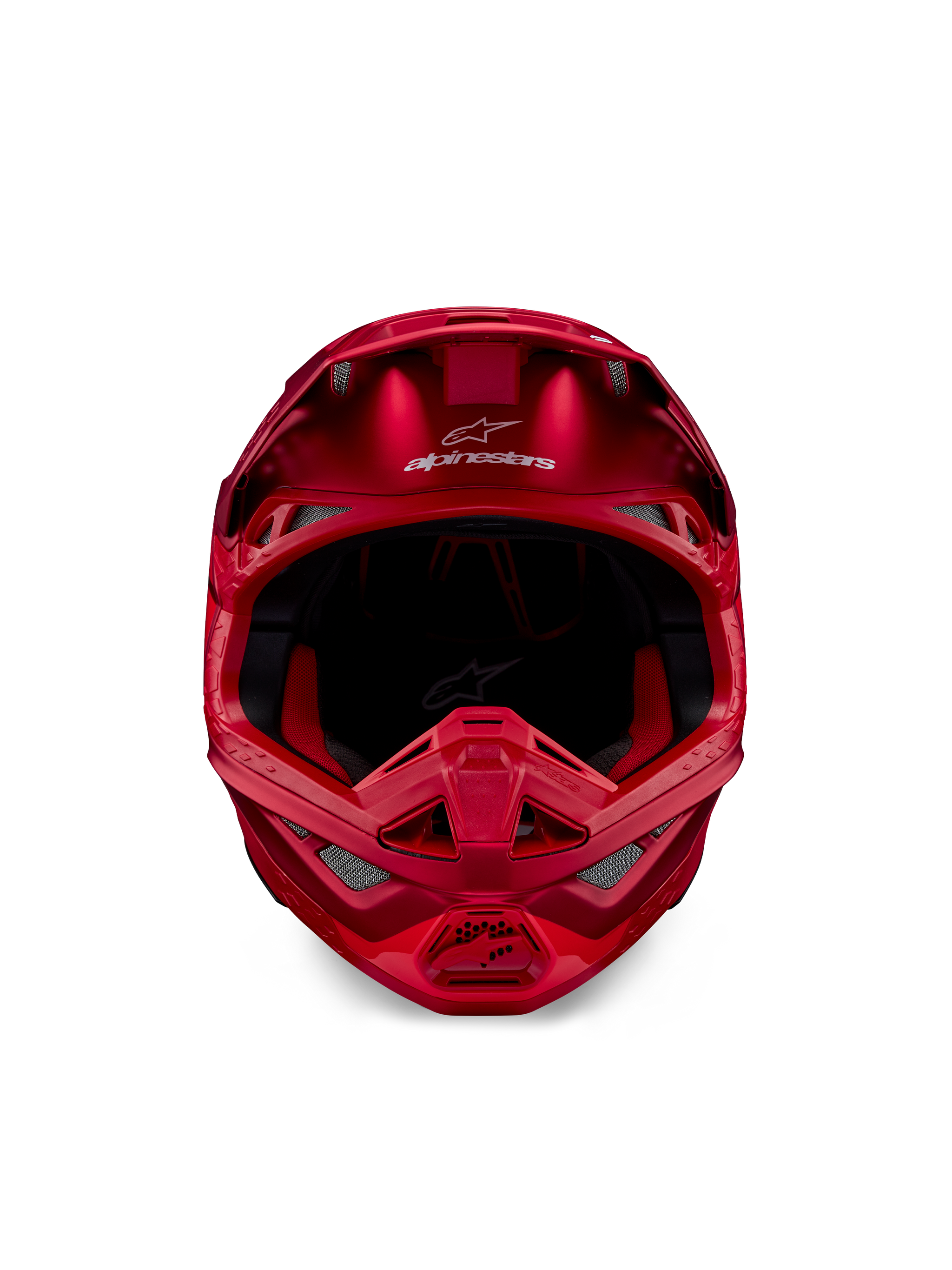 Alpinestars Supertech M10 Flood Helmet, Motocross Helmet, Red Fluo and Red Matte/Glossy, front-facing view showing aerodynamic profile with multiple ventilation ports, Alpinestars logo on the forehead, and red interior lining, professional off-road racing gear