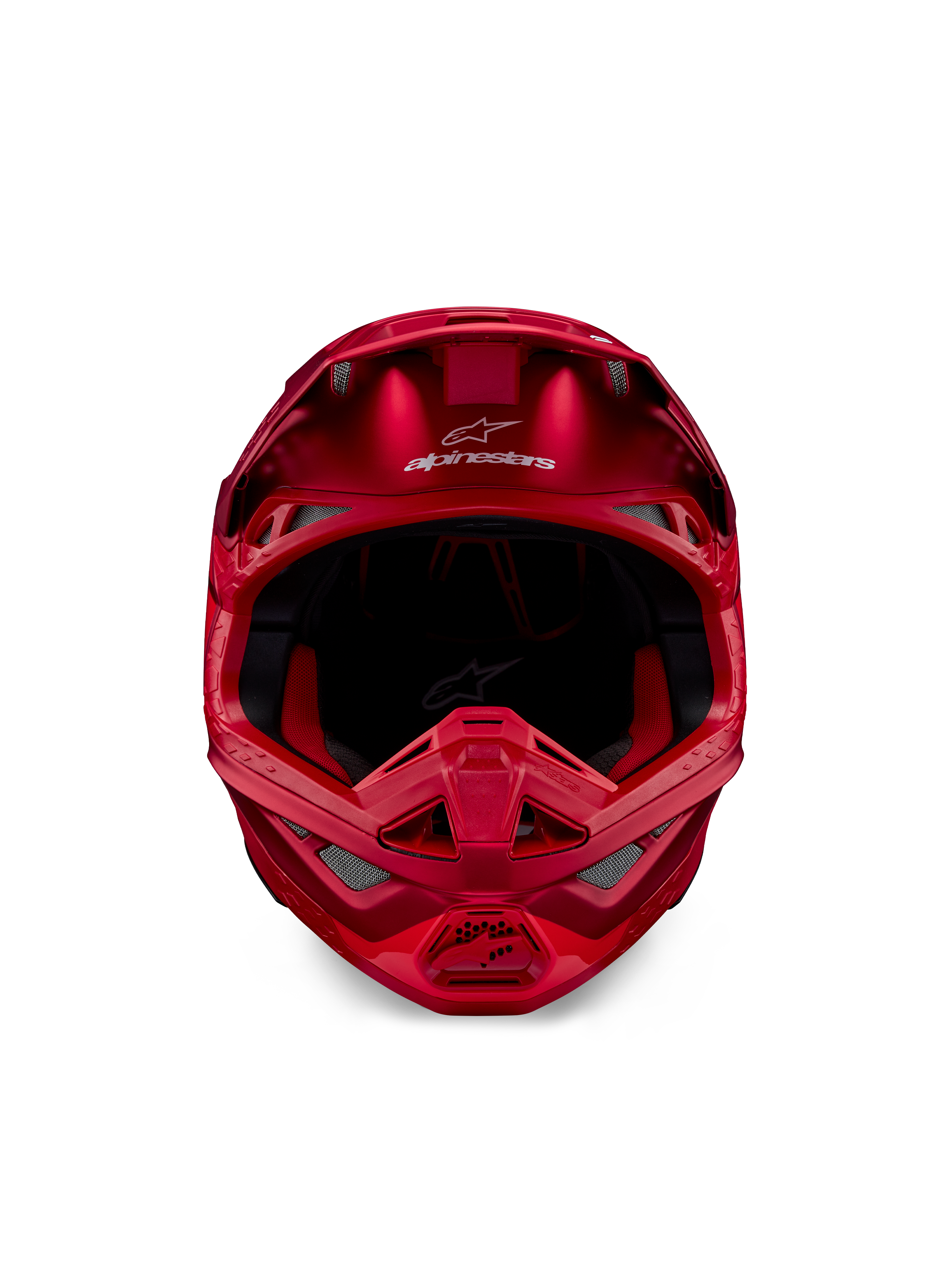 Casco Alpinestars Supertech M10 Flood, casco de motocross, Rojo Flúor y Rojo Mate/Brillante, vista frontal que muestra el perfil aerodinámico con múltiples puertos de ventilación, logotipo de Alpinestars en la frente y forro interior rojo, equipo profesional de carreras todoterreno
