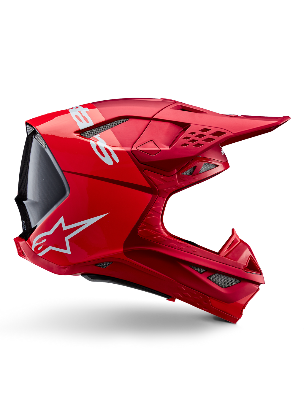 Casco Alpinestars Supertech M10 Flood, casco de motocross, rojo flúor y rojo mate y brillante, vista de perfil lateral con logotipos blancos, múltiples ventilaciones cubiertas de malla y diseño aerodinámico para carreras todoterreno