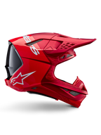 Casco Alpinestars Supertech M10 Flood, casco de motocross, rojo flúor y rojo mate y brillante, vista de perfil lateral con logotipos blancos, múltiples ventilaciones cubiertas de malla y diseño aerodinámico para carreras todoterreno