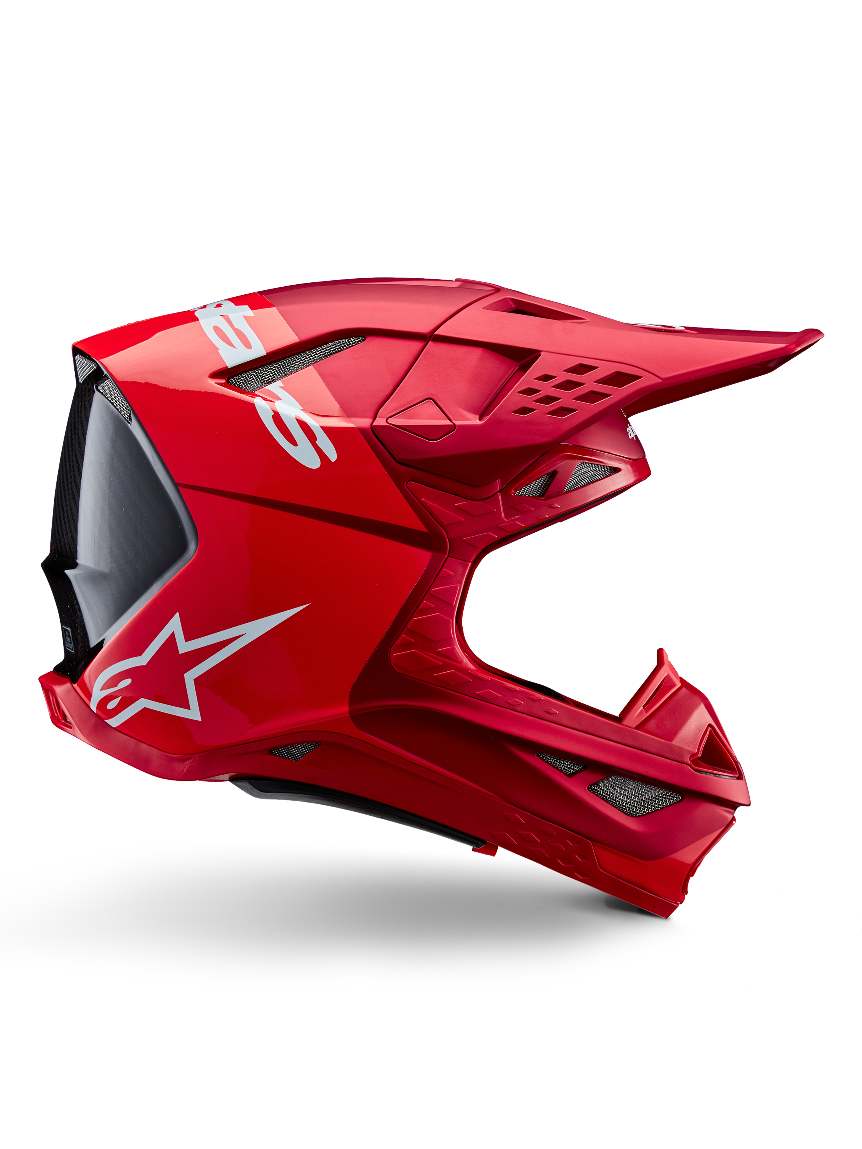 Alpinestars Supertech M10 Flood Helmet, Motocross Helmet, Red Fluo Red Matte and Glossy, side profile view featuring white branding, multiple mesh-covered vents, and aerodynamic off-road racing design