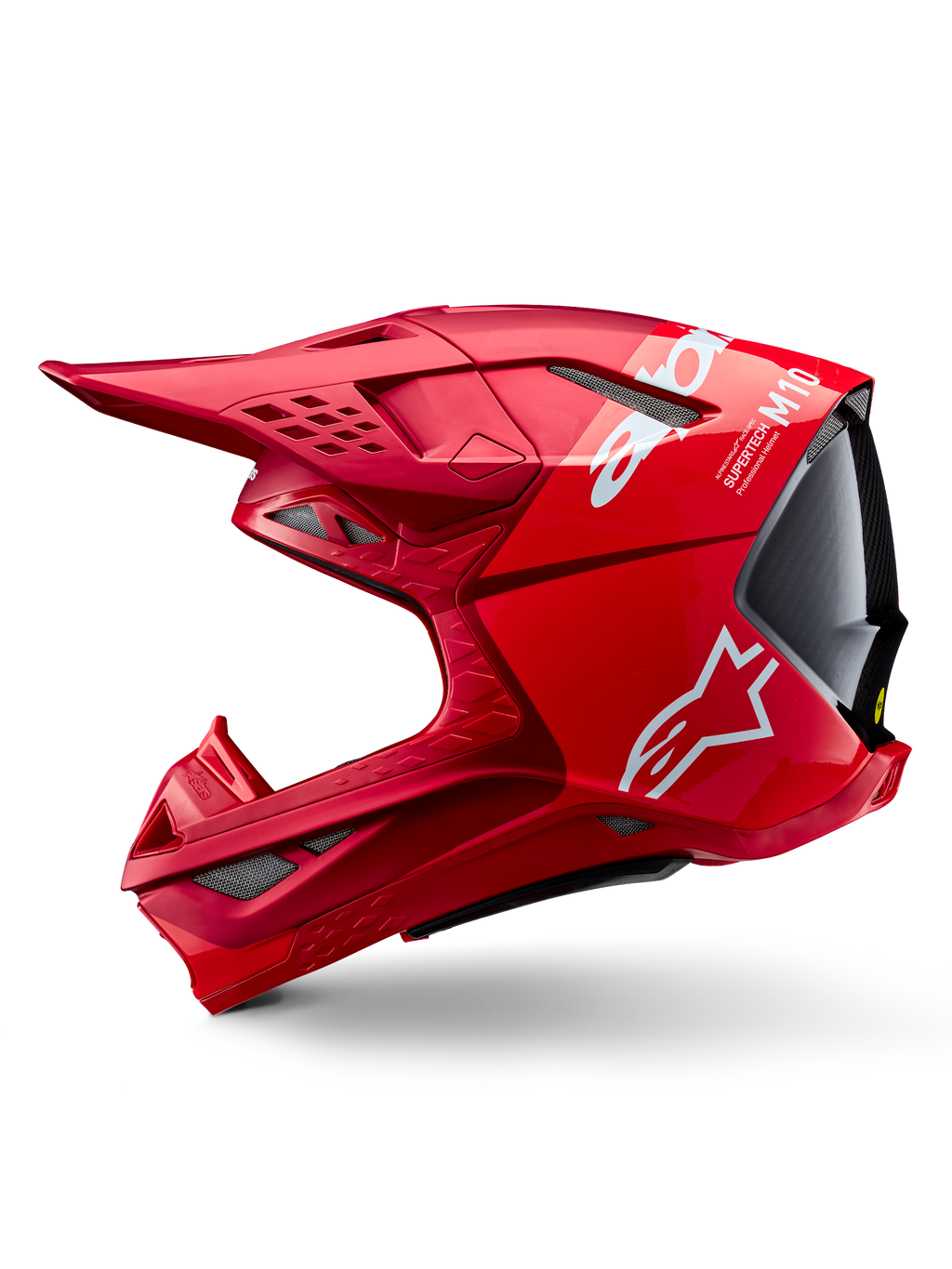 Casco Alpinestars Supertech M10 Flood ECE 22.06, casco de motocross, rojo y rojo flúor con acabado mate y brillante, vista de perfil lateral que muestra el diseño aerodinámico de la calota, múltiples puertos de ventilación y logotipos de Alpinestars en blanco.