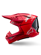 Casco Alpinestars Supertech M10 Flood ECE 22.06, casco de motocross, rojo y rojo flúor con acabado mate y brillante, vista de perfil lateral que muestra el diseño aerodinámico de la calota, múltiples puertos de ventilación y logotipos de Alpinestars en blanco.