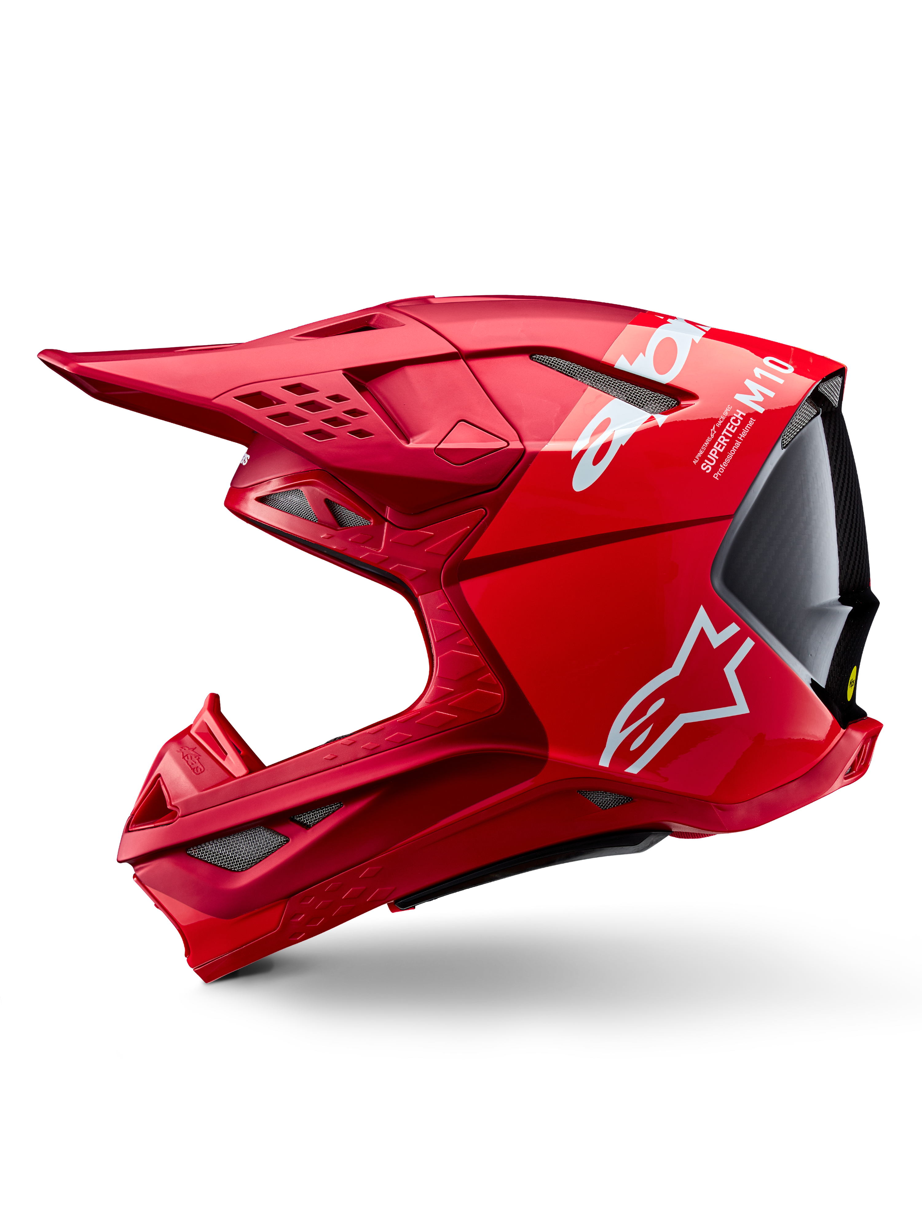Casco Alpinestars Supertech M10 Flood ECE 22.06, casco de motocross, rojo y rojo flúor con acabado mate y brillante, vista de perfil lateral que muestra el diseño aerodinámico de la calota, múltiples puertos de ventilación y logotipos de Alpinestars en blanco.