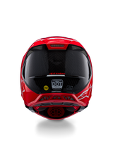 Alpinestars Supertech M10 Flood ECE 22.06 Helmet, Rear View, Red Fluo Red Matte and Glossy, Motocross Helmet with visible carbon fiber texture, MIPS and DOT certification stickers, and aerodynamic ventilation ports.