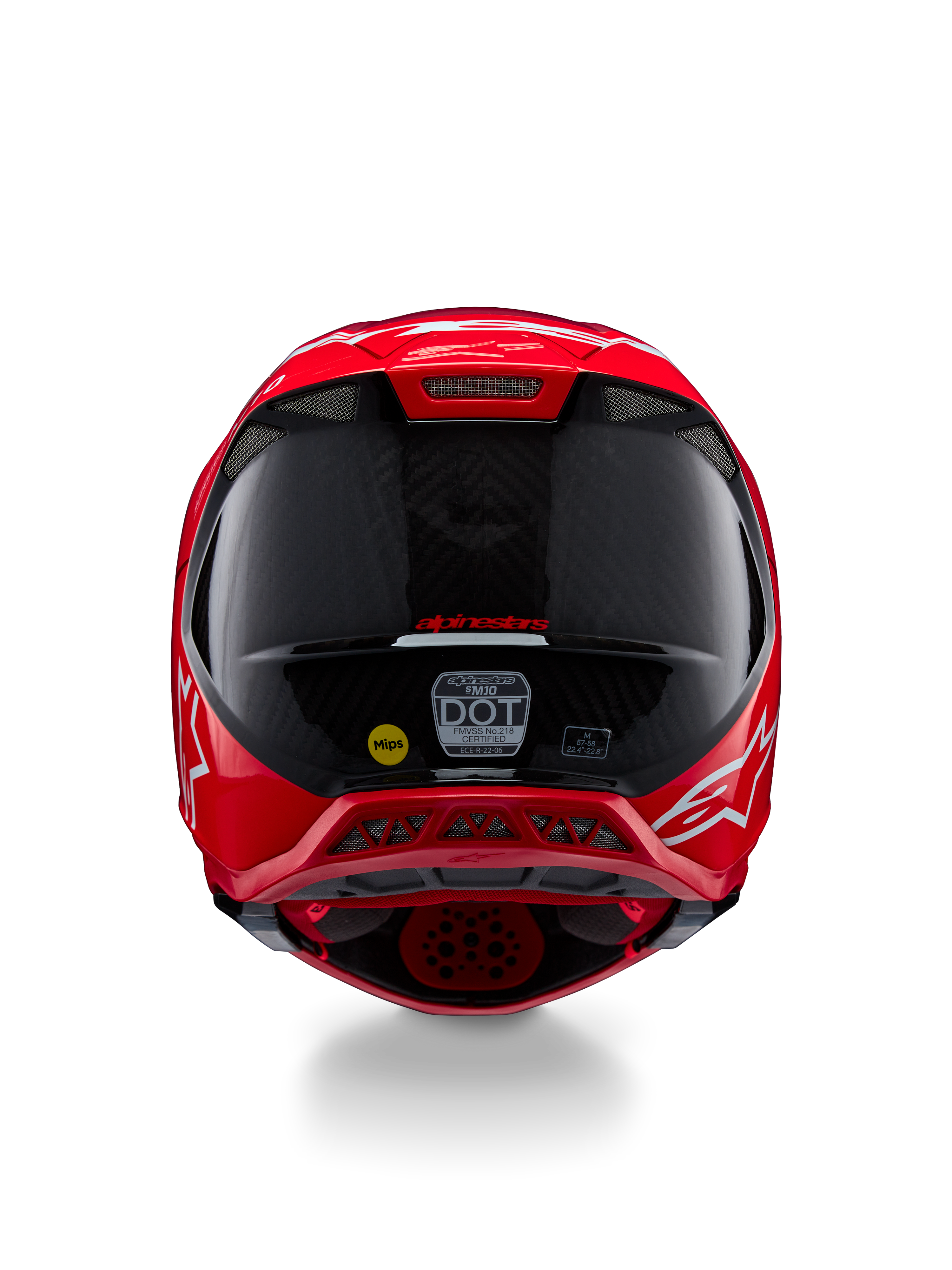 Casco Alpinestars Supertech M10 Flood ECE 22.06, vista trasera, rojo flúor rojo mate y brillante, casco de motocross con textura de fibra de carbono visible, pegatinas de certificación MIPS y DOT, y puertos de ventilación aerodinámicos.