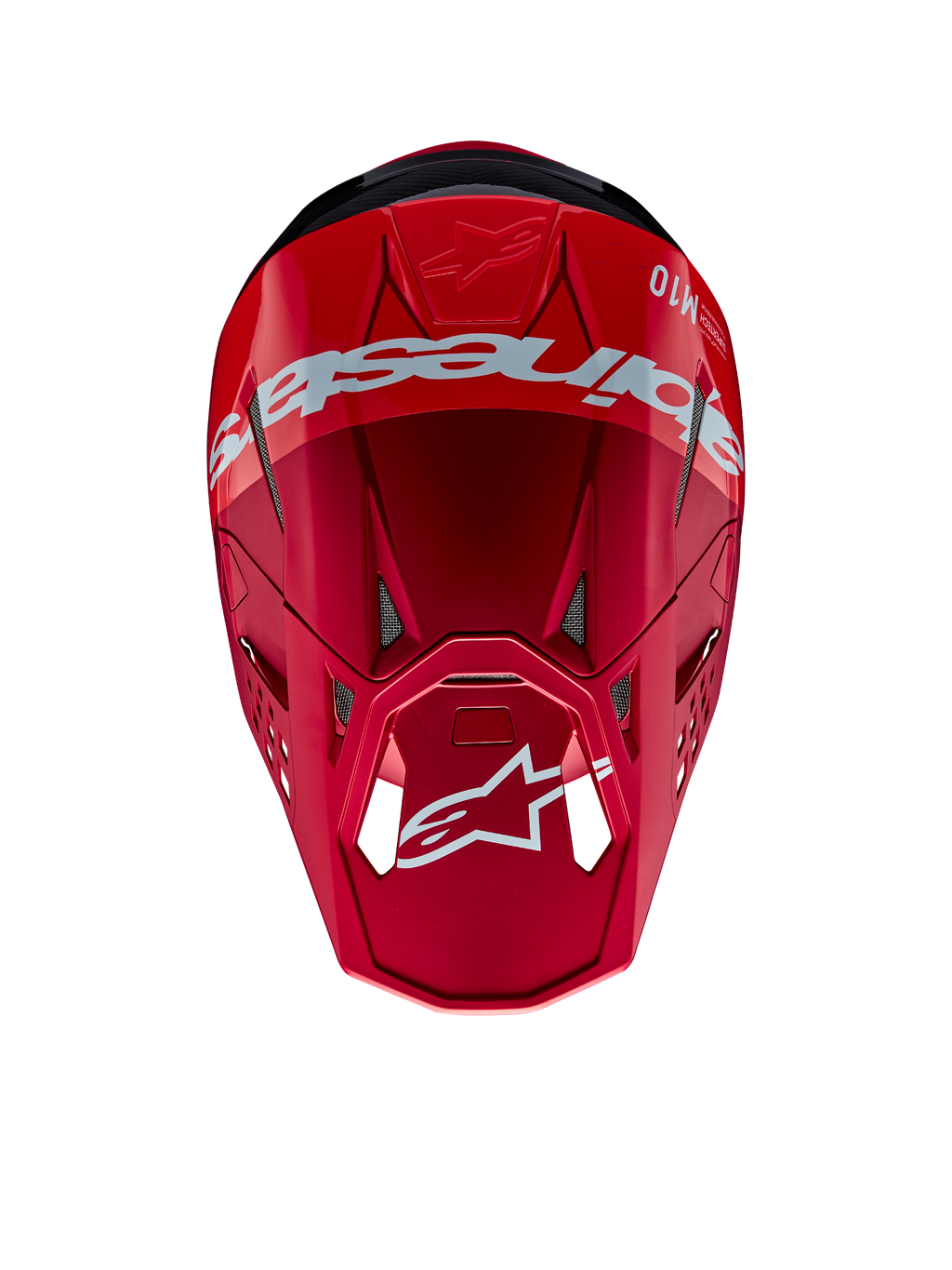 Casco Alpinestars Supertech M10 Flood, casco de motocross, rojo y rojo flúor con acabado mate y brillante, vista desde arriba que muestra la marca y el logotipo de Alpinestars, calota aerodinámica avanzada con puertos de ventilación integrados para carreras todoterreno