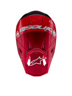 Casco Alpinestars Supertech M10 Flood, casco de motocross, rojo y rojo flúor con acabado mate y brillante, vista desde arriba que muestra la marca y el logotipo de Alpinestars, calota aerodinámica avanzada con puertos de ventilación integrados para carreras todoterreno