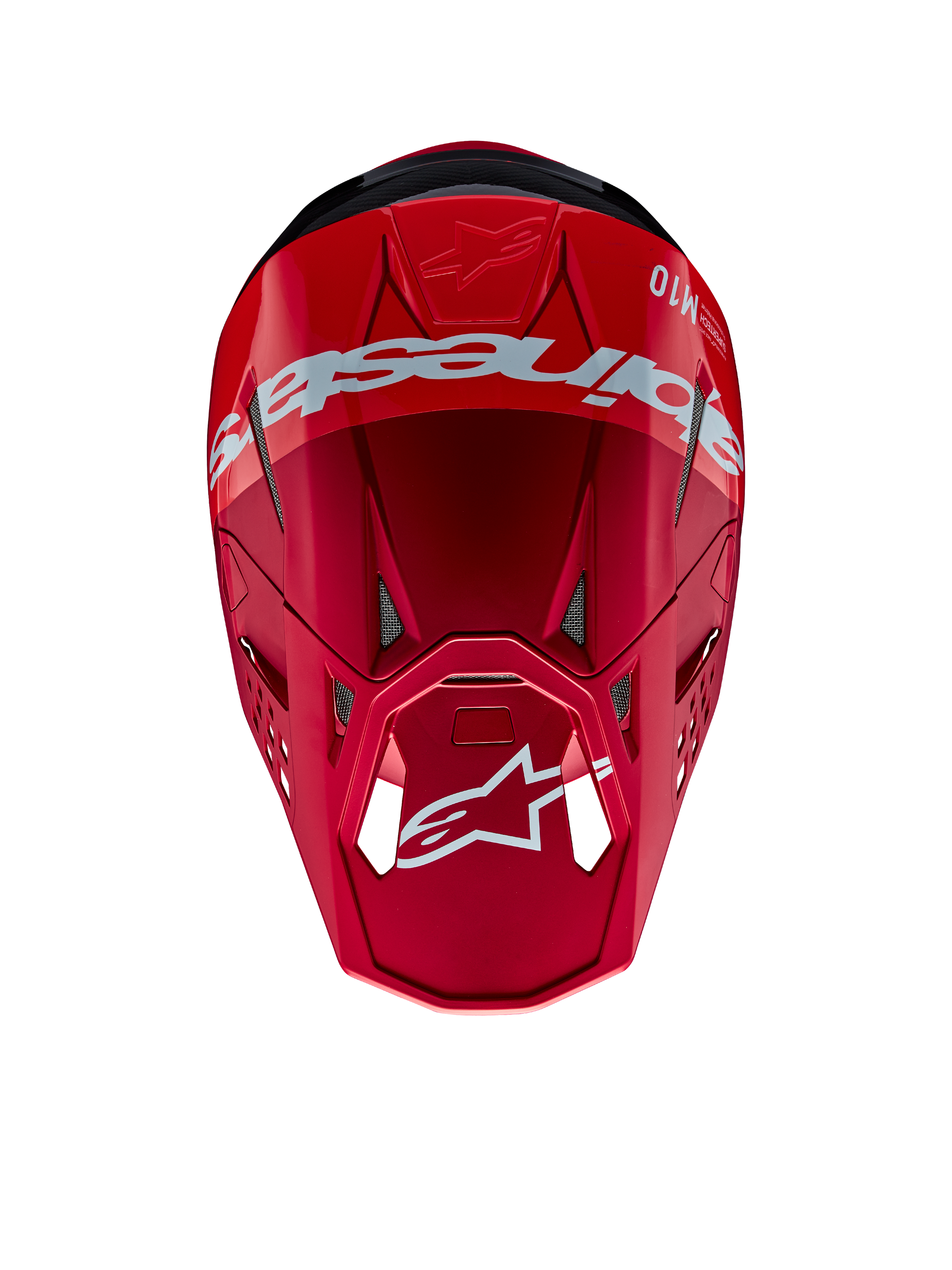 Casco Alpinestars Supertech M10 Flood, casco de motocross, rojo y rojo flúor con acabado mate y brillante, vista desde arriba que muestra la marca y el logotipo de Alpinestars, calota aerodinámica avanzada con puertos de ventilación integrados para carreras todoterreno
