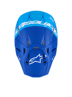 Alpinestars Supertech M10 Flood Helmet, Motocross Helmet, Dark Blue and Light Blue, top-down view featuring white Alpinestars branding and ventilation ports, matte finish professional off-road racing helmet