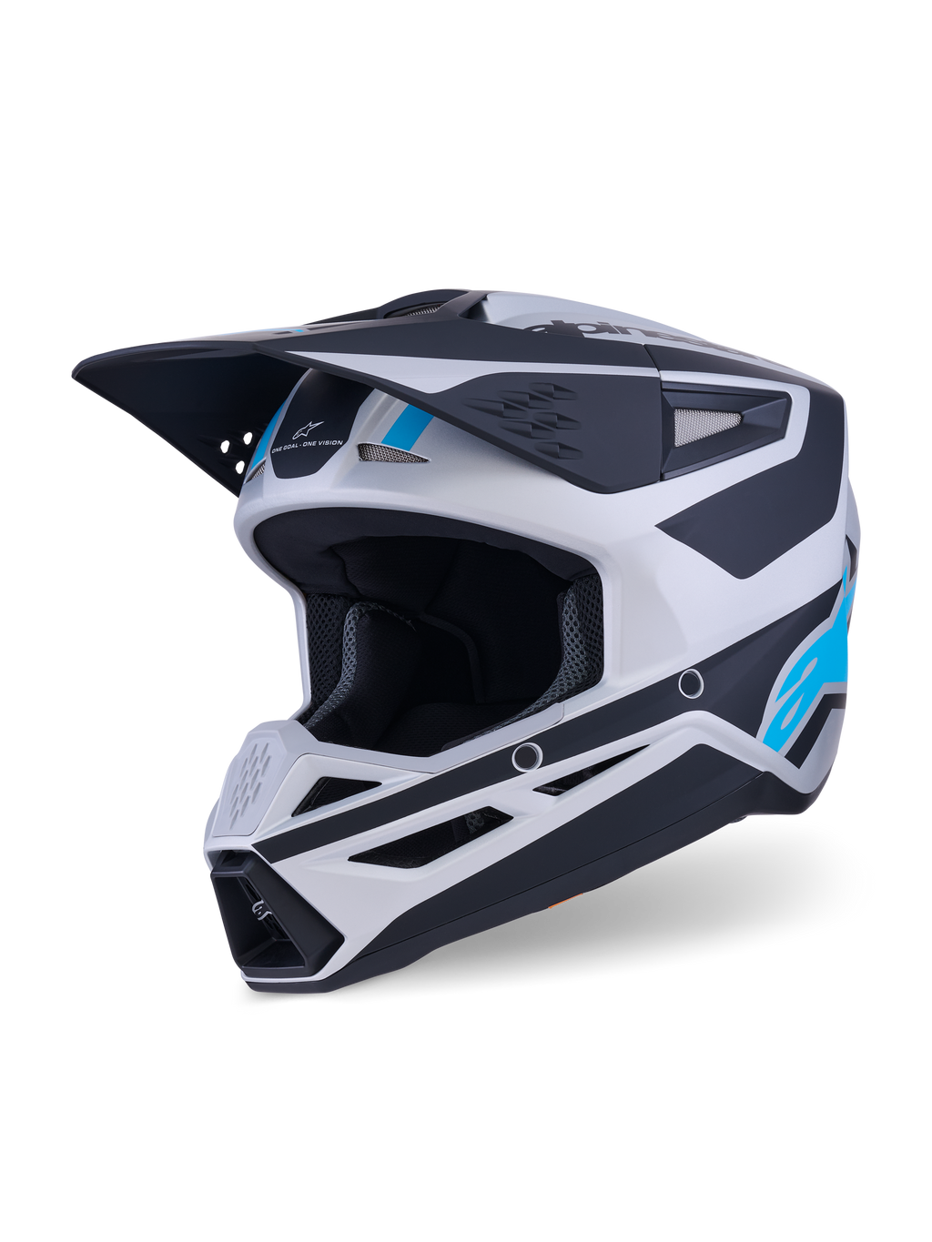 Casco Alpinestars S-M3 Heat, casco de motocross, plata, azul y negro mate, con visera aerodinámica, múltiples puertos de ventilación y detalles gráficos llamativos, equipo de protección para motociclismo todoterreno