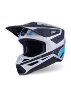 Casco Alpinestars S-M3 Heat, casco de motocross, plata, azul y negro mate, con visera aerodinámica, múltiples puertos de ventilación y detalles gráficos llamativos, equipo de protección para motociclismo todoterreno
