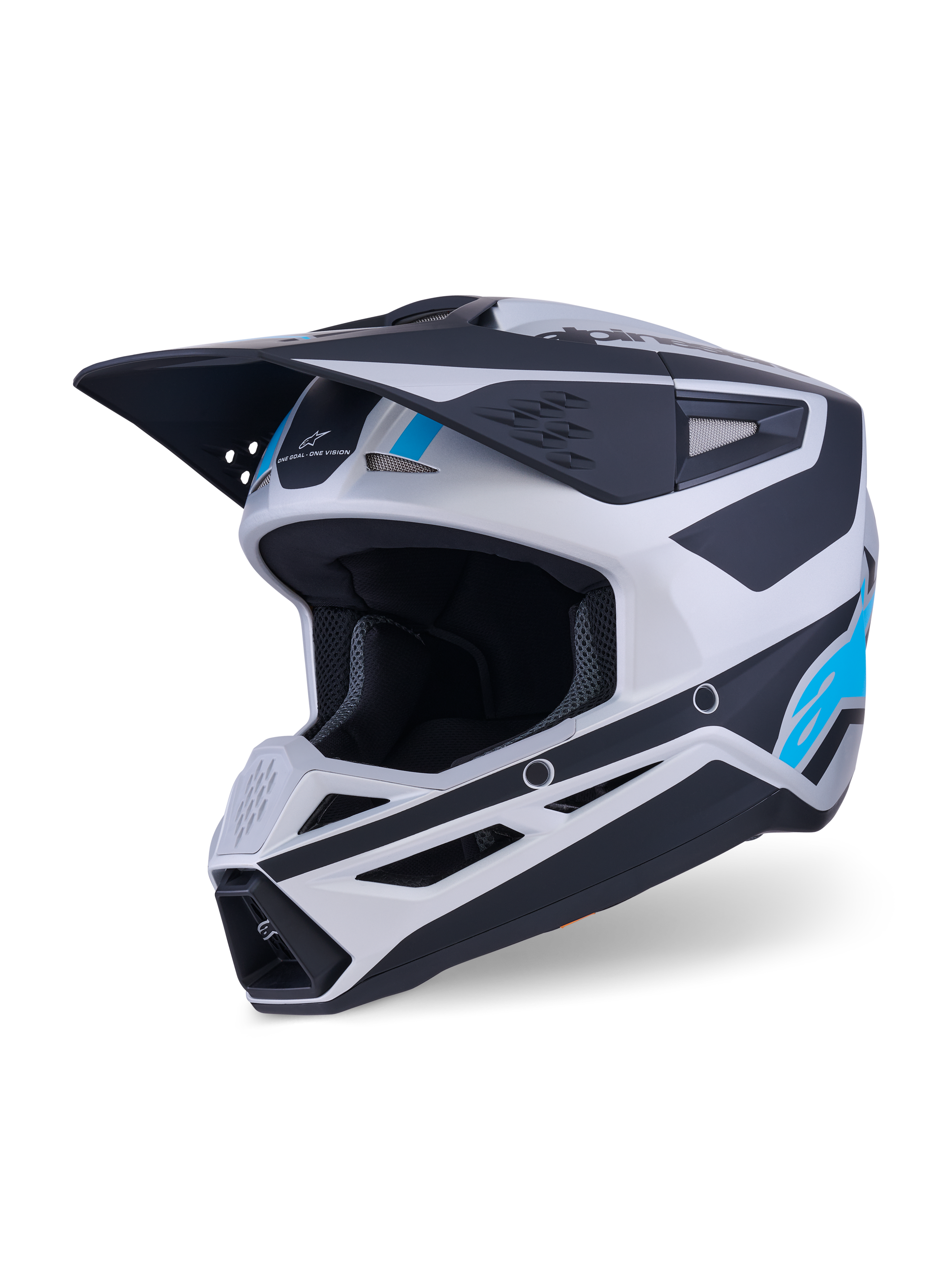 Casco Alpinestars S-M3 Heat, casco de motocross, plata, azul y negro mate, con visera aerodinámica, múltiples puertos de ventilación y detalles gráficos llamativos, equipo de protección para motociclismo todoterreno