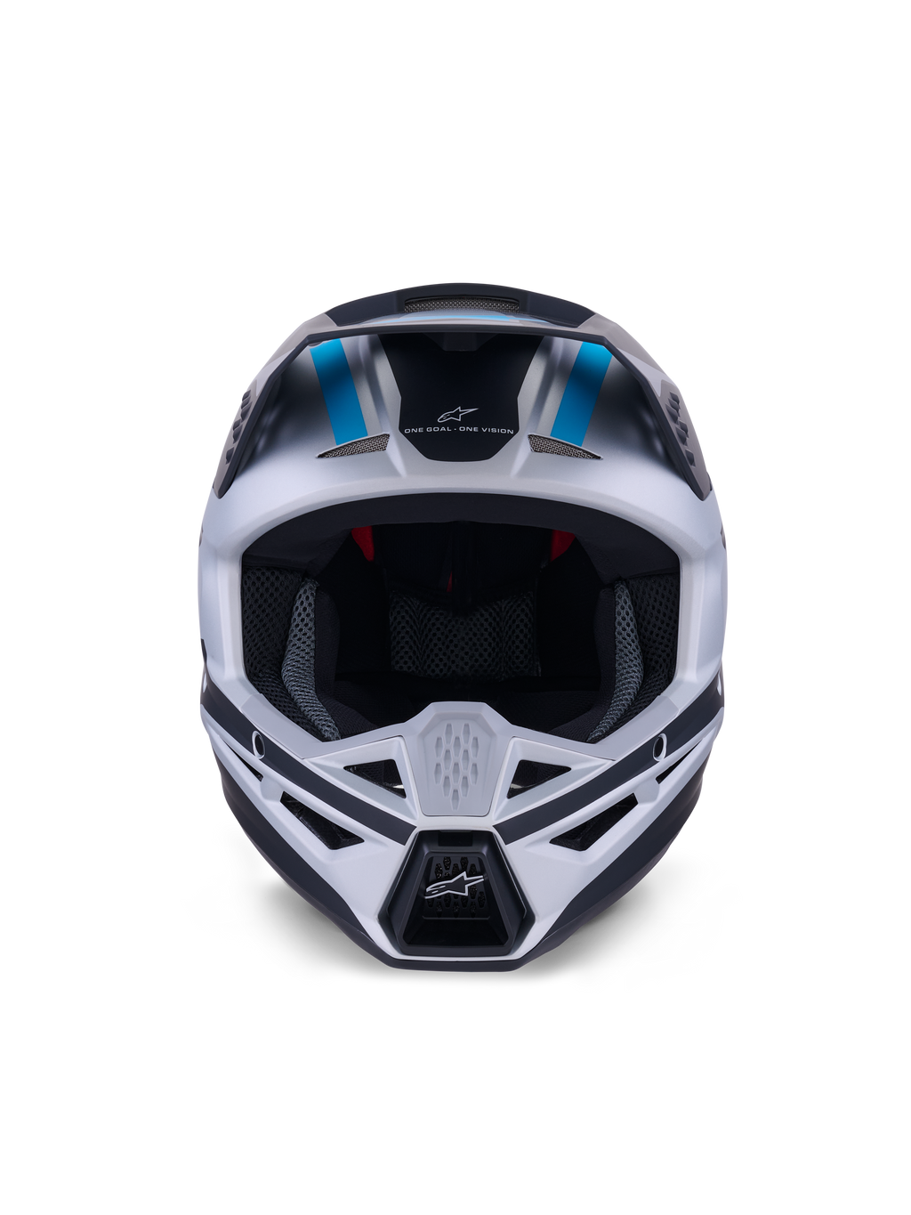 Casco Alpinestars S-M3 Heat, casco de motocross, color plata, azul y negro mate, vista frontal que destaca el sistema de ventilación, la amplia apertura para las gafas y el acolchado interior de malla, con el eslogan de la marca 'ONE GOAL ONE VISION' en la frente.