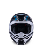 Casco Alpinestars S-M3 Heat, casco de motocross, color plata, azul y negro mate, vista frontal que destaca el sistema de ventilación, la amplia apertura para las gafas y el acolchado interior de malla, con el eslogan de la marca 'ONE GOAL ONE VISION' en la frente.