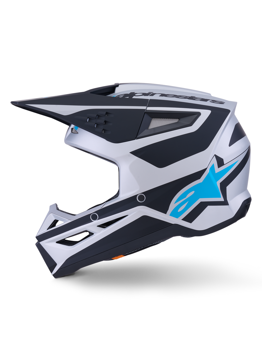 Alpinestars S-M3 Heat Helmet ECE 22.06, casco de motocross, acabado mate plata, azul y negro, vista de perfil lateral, con logotipo de la estrella Alpinestars en azul brillante, visera negra y múltiples puertos de ventilación, diseño aerodinámico agresivo para carreras todoterreno