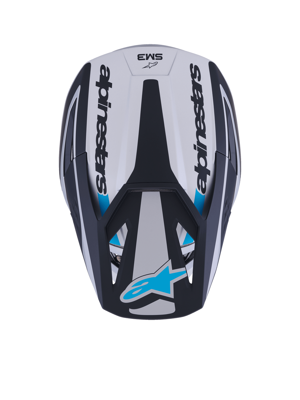 Casco Alpinestars S-M3 Heat, casco de motocross, vista superior, plata, azul y negro mate, con la marca Alpinestars en los laterales, logotipo Astar azul en la visera y diseño de calota aerodinámica con acabado mate.