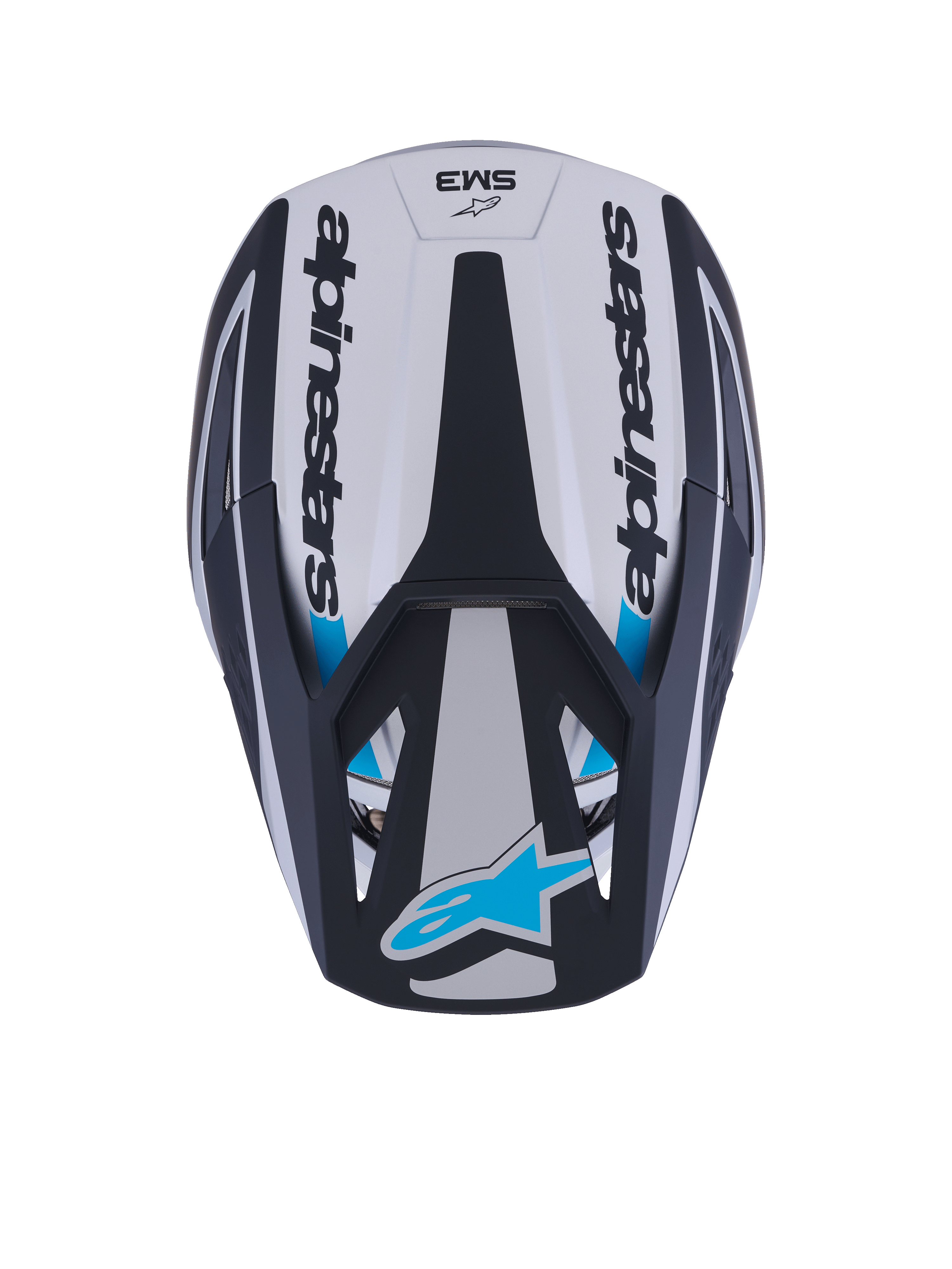 Casco Alpinestars S-M3 Heat, casco de motocross, vista superior, plata, azul y negro mate, con la marca Alpinestars en los laterales, logotipo Astar azul en la visera y diseño de calota aerodinámica con acabado mate.