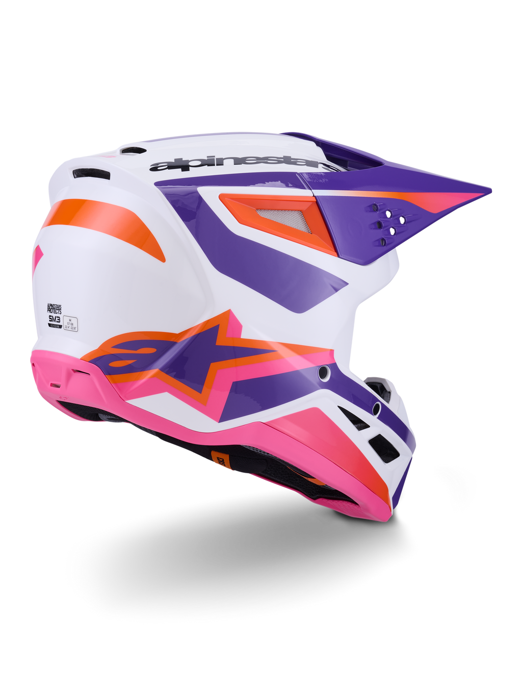 Alpinestars S-M3 Heat Helmet ECE 22.06, casco de motocross, blanco con detalles en púrpura, rosa y naranja, vista lateral trasera que muestra los puertos de ventilación y un logotipo de estrella llamativo, acabado brillante para rendimiento off-road