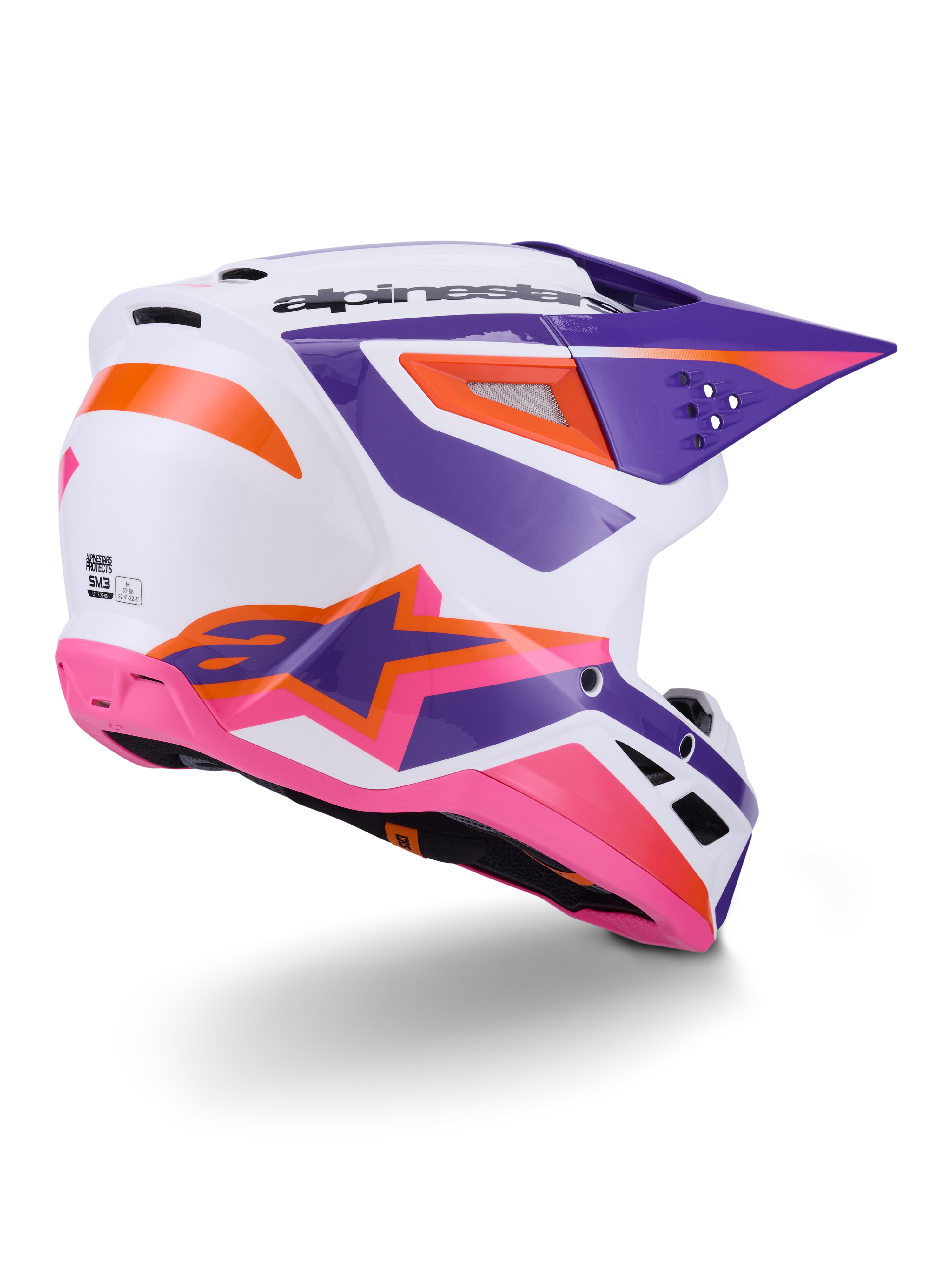 Alpinestars S-M3 Heat Helmet ECE 22.06, casco de motocross, blanco con detalles en púrpura, rosa y naranja, vista lateral trasera que muestra los puertos de ventilación y un logotipo de estrella llamativo, acabado brillante para rendimiento off-road