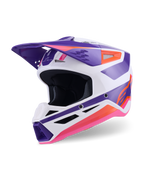 Alpinestars S-M3 Heat Helmet ECE 22.06, casco de motocross, blanco, púrpura y rosa brillante, vista frontal de tres cuartos con gráficos geométricos llamativos, mentonera ventilada y visera aerodinámica, protección para competición off-road
