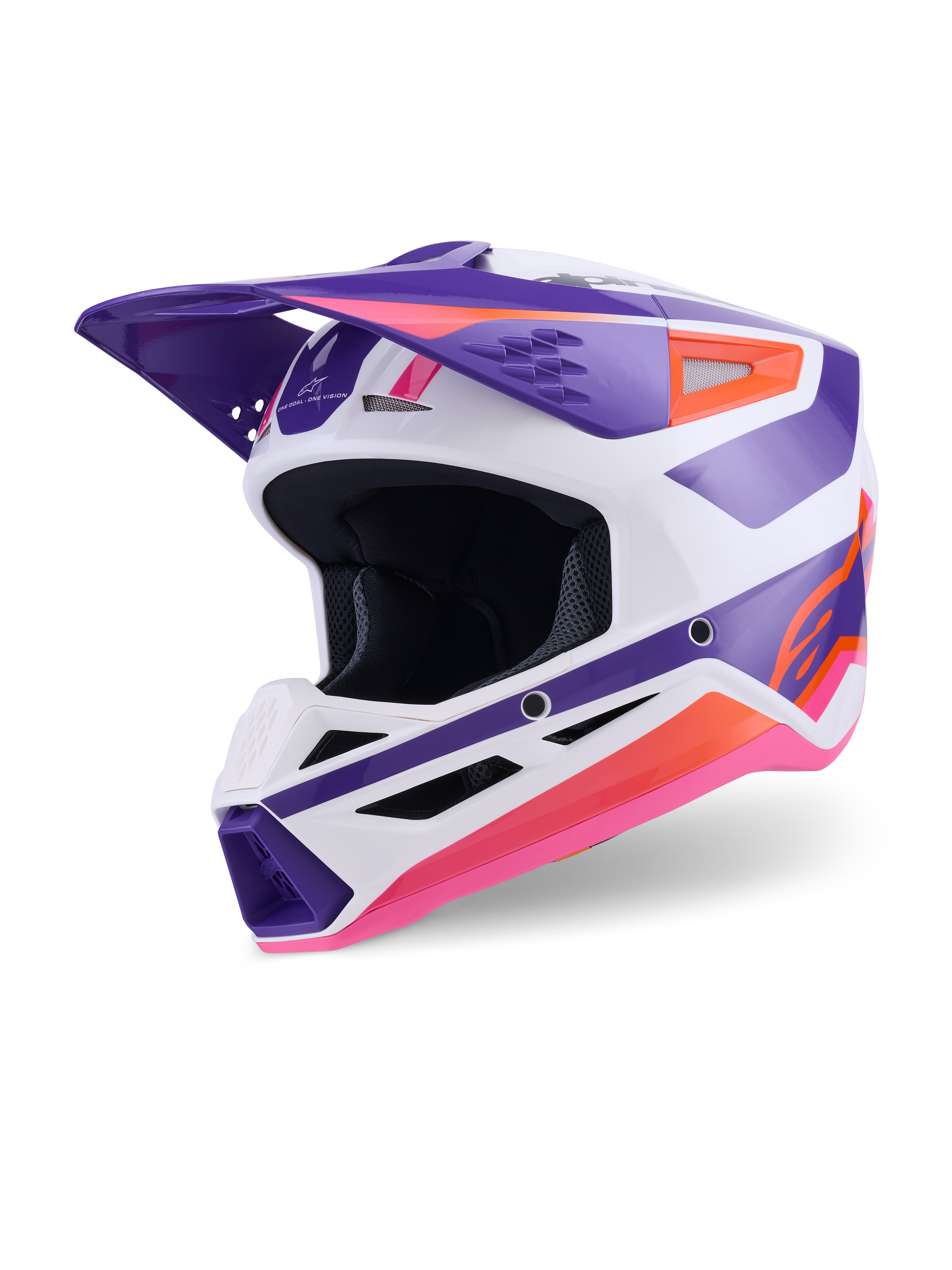 Alpinestars S-M3 Heat Helmet ECE 22.06, casco de motocross, blanco, púrpura y rosa brillante, vista frontal de tres cuartos con gráficos geométricos llamativos, mentonera ventilada y visera aerodinámica, protección para competición off-road