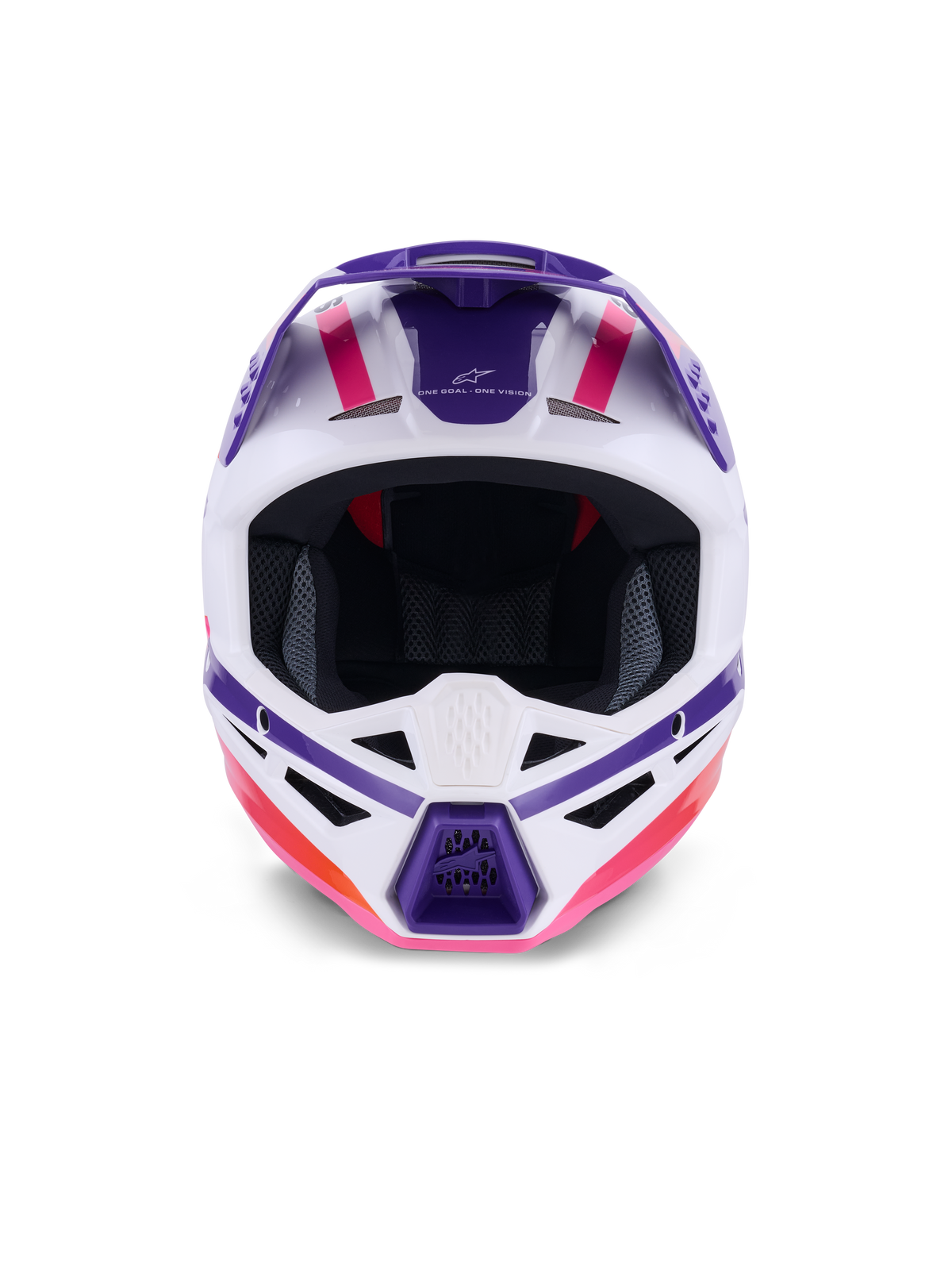 Alpinestars S-M3 Heat Helmet ECE 22.06, casco de motocross, blanco, morado y rosa brillante, vista frontal que muestra los puertos de ventilación y gráficos geométricos llamativos, protección profesional para la cabeza en carreras todoterreno