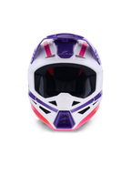Alpinestars S-M3 Heat Helmet ECE 22.06, casco de motocross, blanco, morado y rosa brillante, vista frontal que muestra los puertos de ventilación y gráficos geométricos llamativos, protección profesional para la cabeza en carreras todoterreno