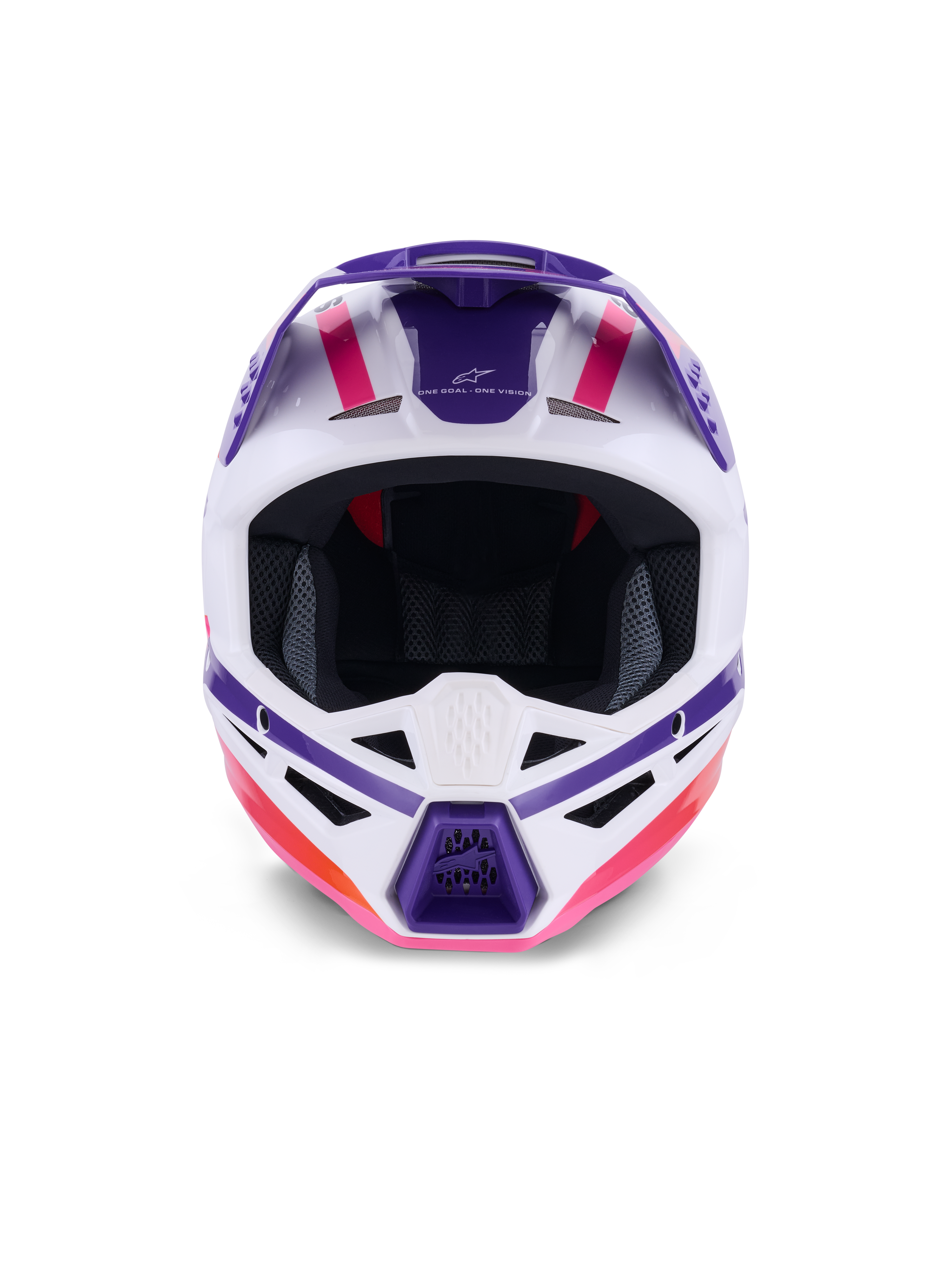 Alpinestars S-M3 Heat Helmet ECE 22.06, casco de motocross, blanco, morado y rosa brillante, vista frontal que muestra los puertos de ventilación y gráficos geométricos llamativos, protección profesional para la cabeza en carreras todoterreno