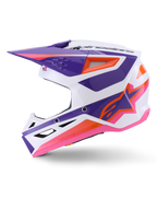 Alpinestars S-M3 Heat Helmet ECE 22.06, casco de motocross, blanco, morado y rosa brillante con detalles en naranja, perfil lateral que muestra un diseño gráfico angular, entradas de ventilación y acabado brillante para carreras todoterreno