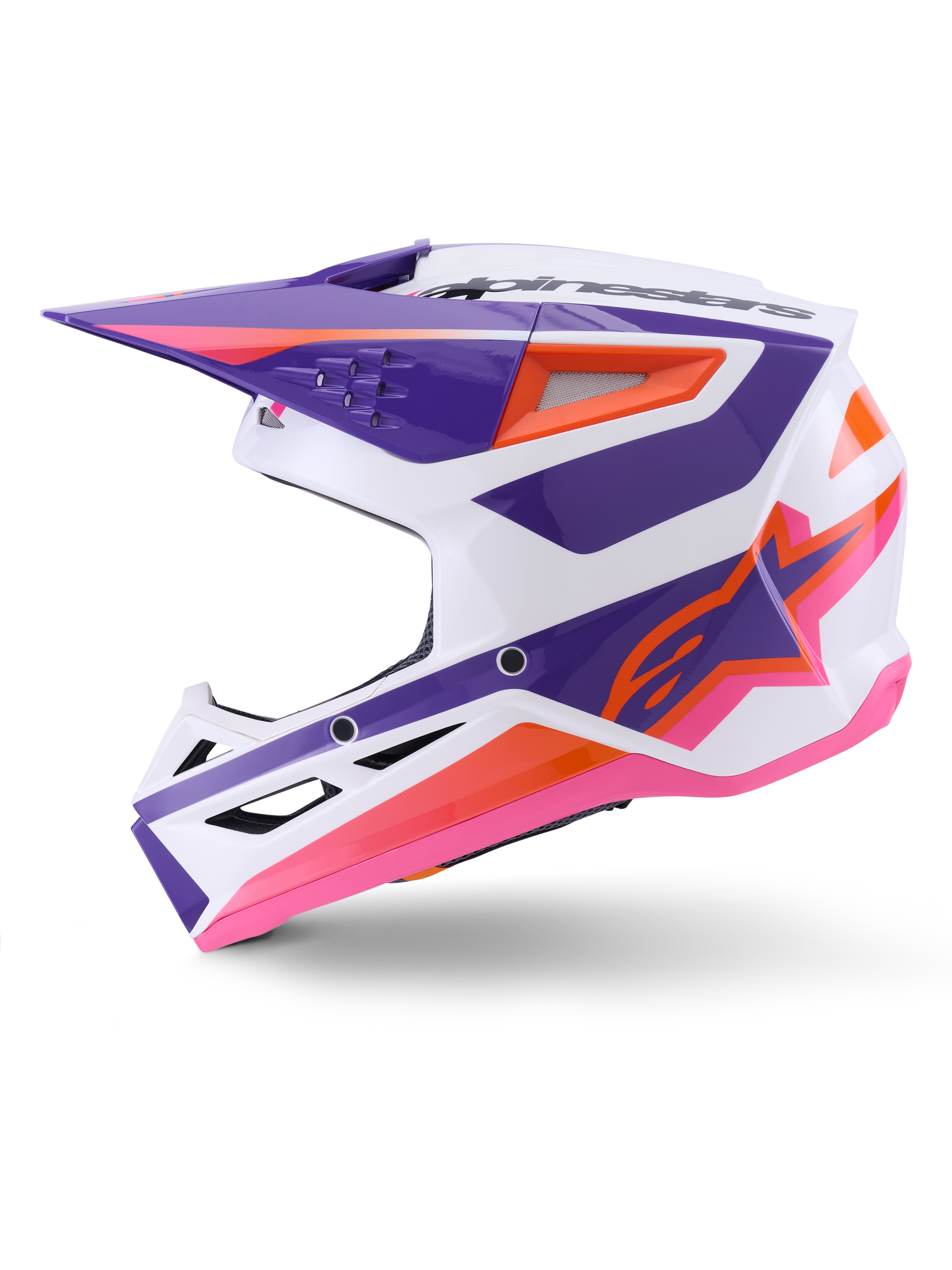 Alpinestars S-M3 Heat Helmet ECE 22.06, casco de motocross, blanco, morado y rosa brillante con detalles en naranja, perfil lateral que muestra un diseño gráfico angular, entradas de ventilación y acabado brillante para carreras todoterreno