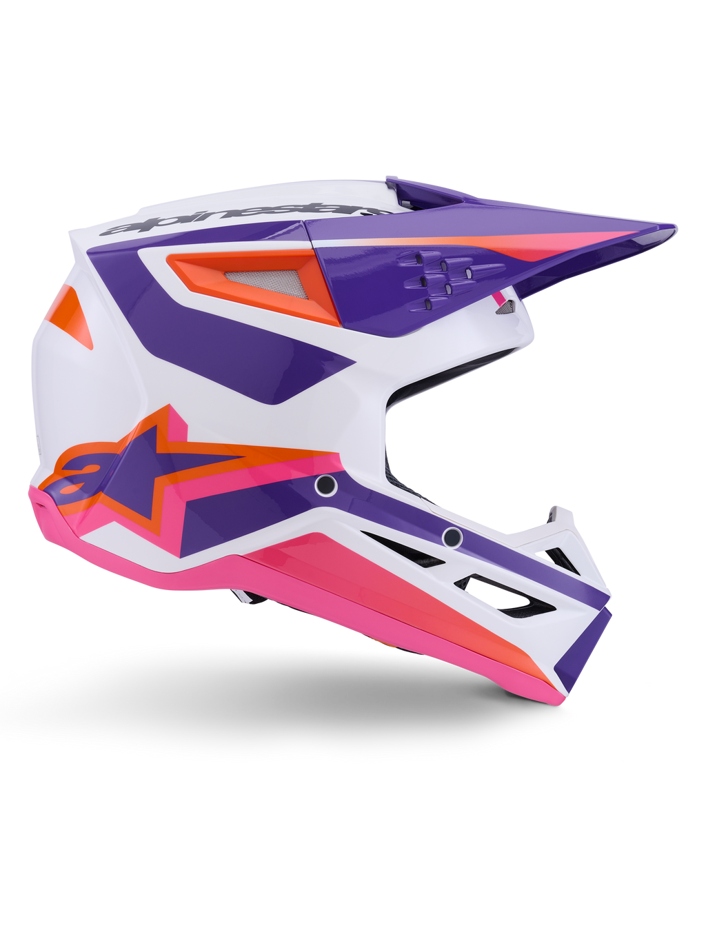 Alpinestars S-M3 Heat Helmet ECE 22.06, casco de motocross, blanco, púrpura y rosa brillante, con gráficos vibrantes en púrpura y rosa con detalles en naranja, vista lateral que muestra el logo Astar y diseño ventilado para carreras todoterreno