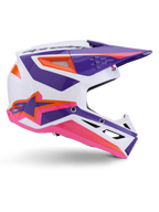 Alpinestars S-M3 Heat Helmet ECE 22.06, casco de motocross, blanco, púrpura y rosa brillante, con gráficos vibrantes en púrpura y rosa con detalles en naranja, vista lateral que muestra el logo Astar y diseño ventilado para carreras todoterreno