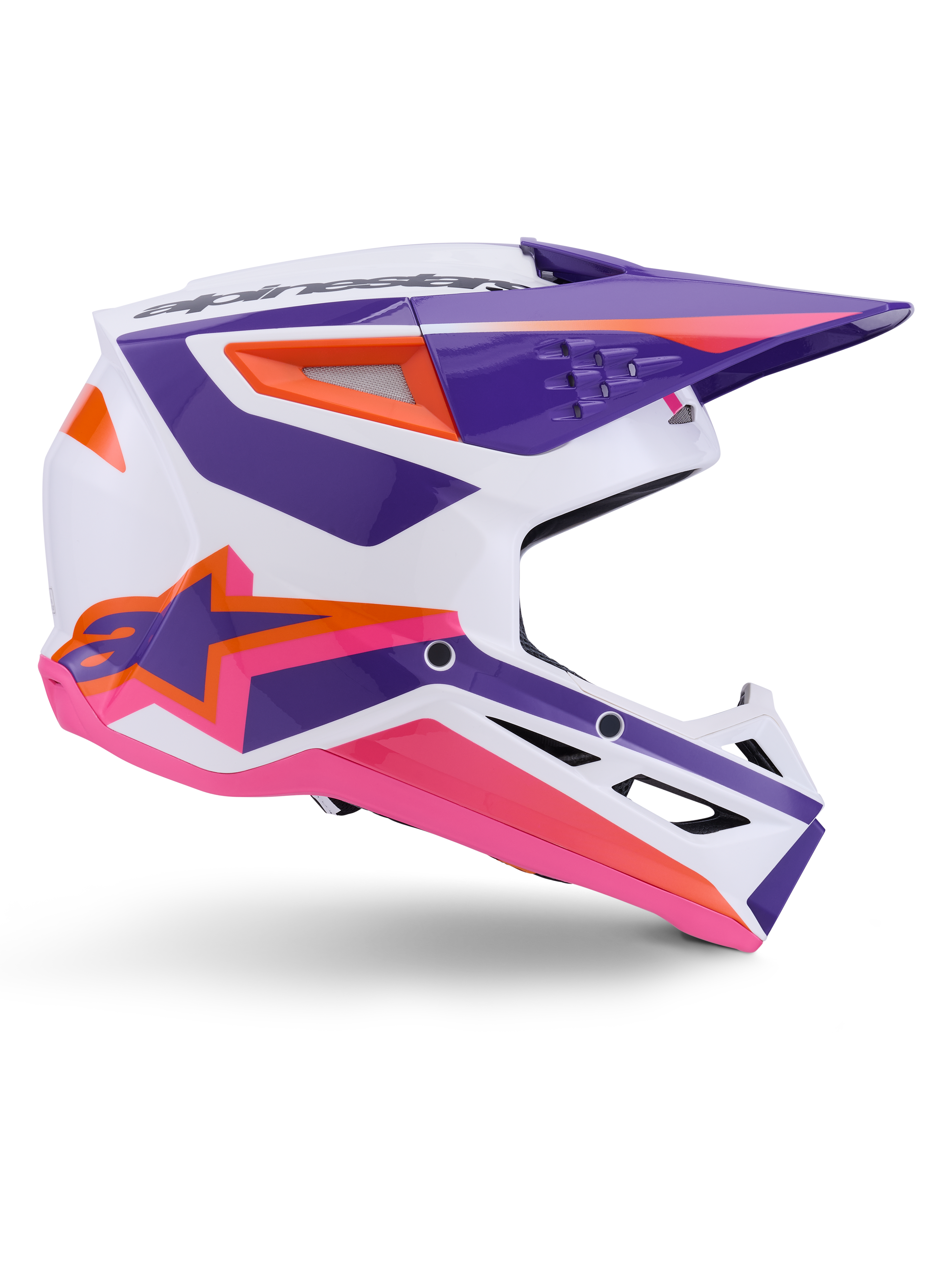 Alpinestars S-M3 Heat Helmet ECE 22.06, casco de motocross, blanco, púrpura y rosa brillante, con gráficos vibrantes en púrpura y rosa con detalles en naranja, vista lateral que muestra el logo Astar y diseño ventilado para carreras todoterreno