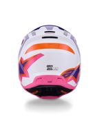 Casco Alpinestars S-M3 Heat ECE 22.06, casco de motocross, vista trasera en blanco, púrpura y rosa brillante con detalles en naranja, con gráficos de estrellas llamativos, puertos de salida de ventilación traseros y diseño de calota termo-inyectada para carreras off-road.