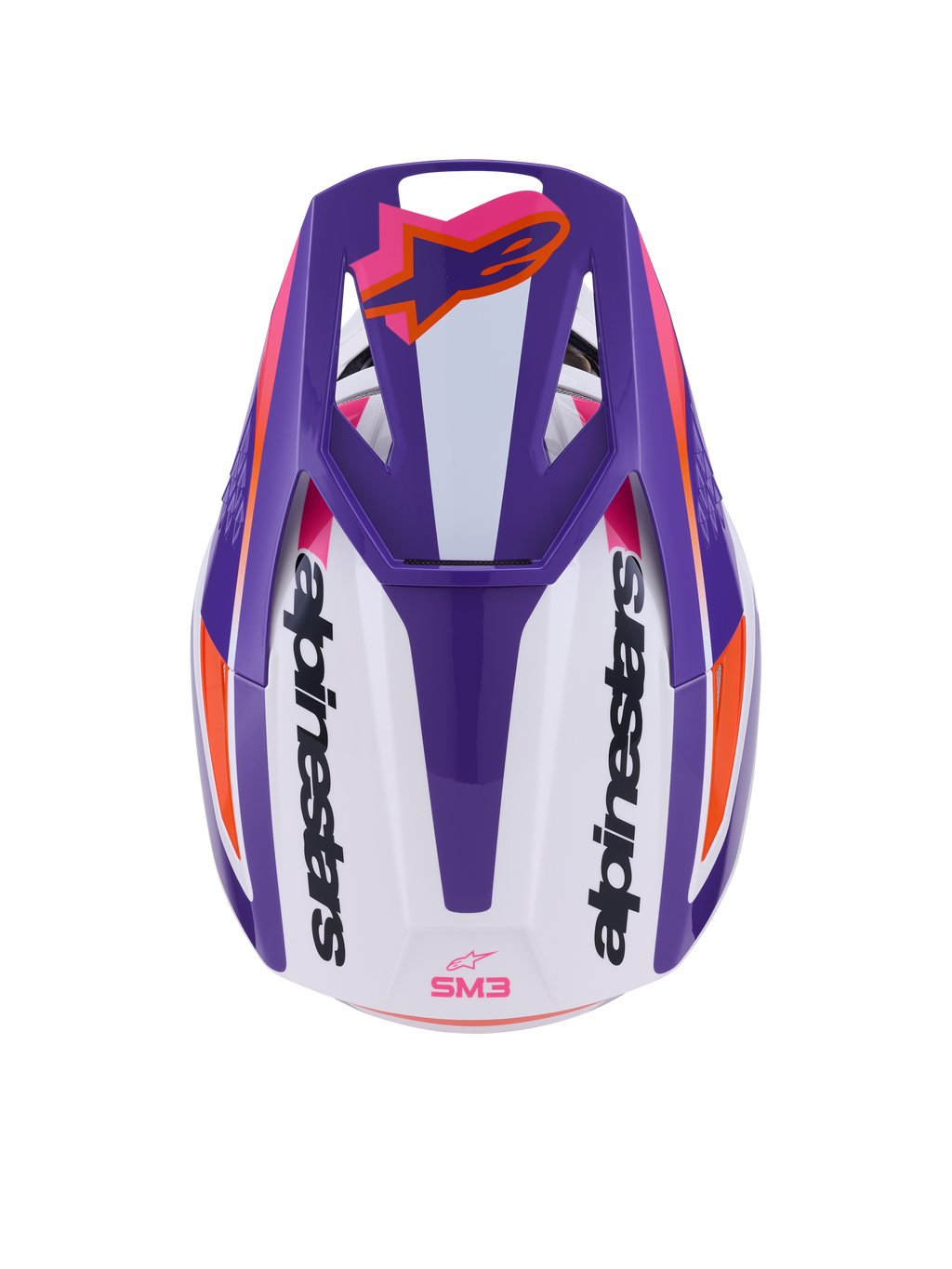 Casco Alpinestars S-M3 Heat ECE 22.06, casco de motocross, blanco, morado y rosa brillante, vista superior que muestra la visera ventilada con el logotipo de Astars en naranja y marca en los laterales, acabado brillante con gráficos llamativos