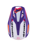 Casco Alpinestars S-M3 Heat ECE 22.06, casco de motocross, blanco, morado y rosa brillante, vista superior que muestra la visera ventilada con el logotipo de Astars en naranja y marca en los laterales, acabado brillante con gráficos llamativos