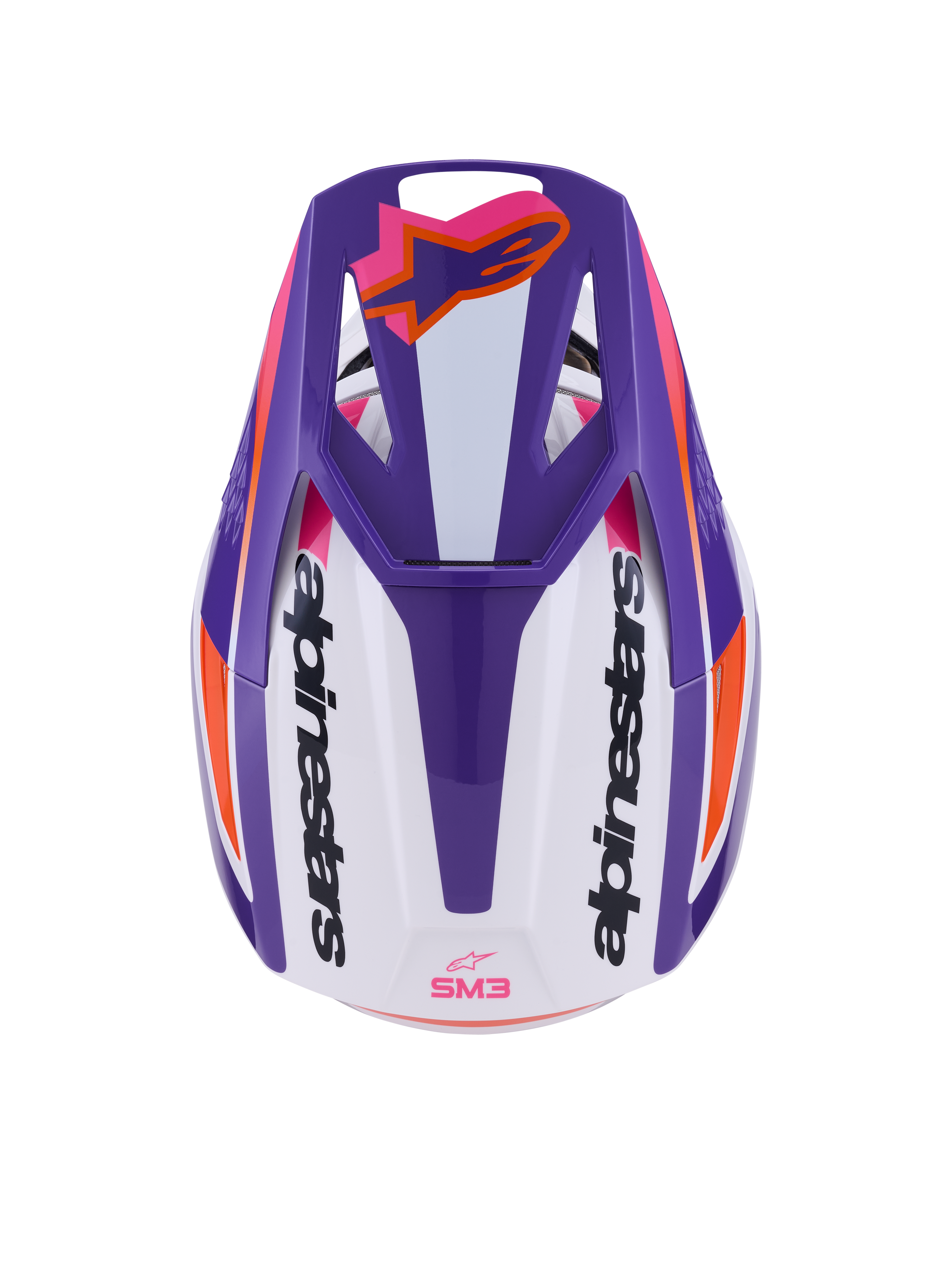 Casco Alpinestars S-M3 Heat ECE 22.06, casco de motocross, blanco, morado y rosa brillante, vista superior que muestra la visera ventilada con el logotipo de Astars en naranja y marca en los laterales, acabado brillante con gráficos llamativos