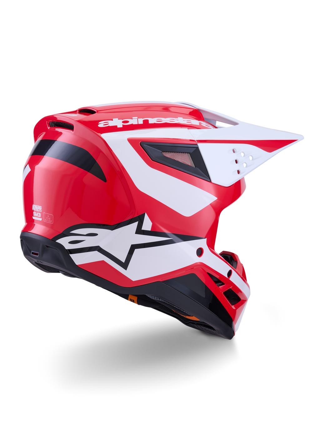 Alpinestars S-M3 Heat, casco de motocross rojo, blanco y negro brillante, certificado ECE 22.06, vista trasera tres cuartos.