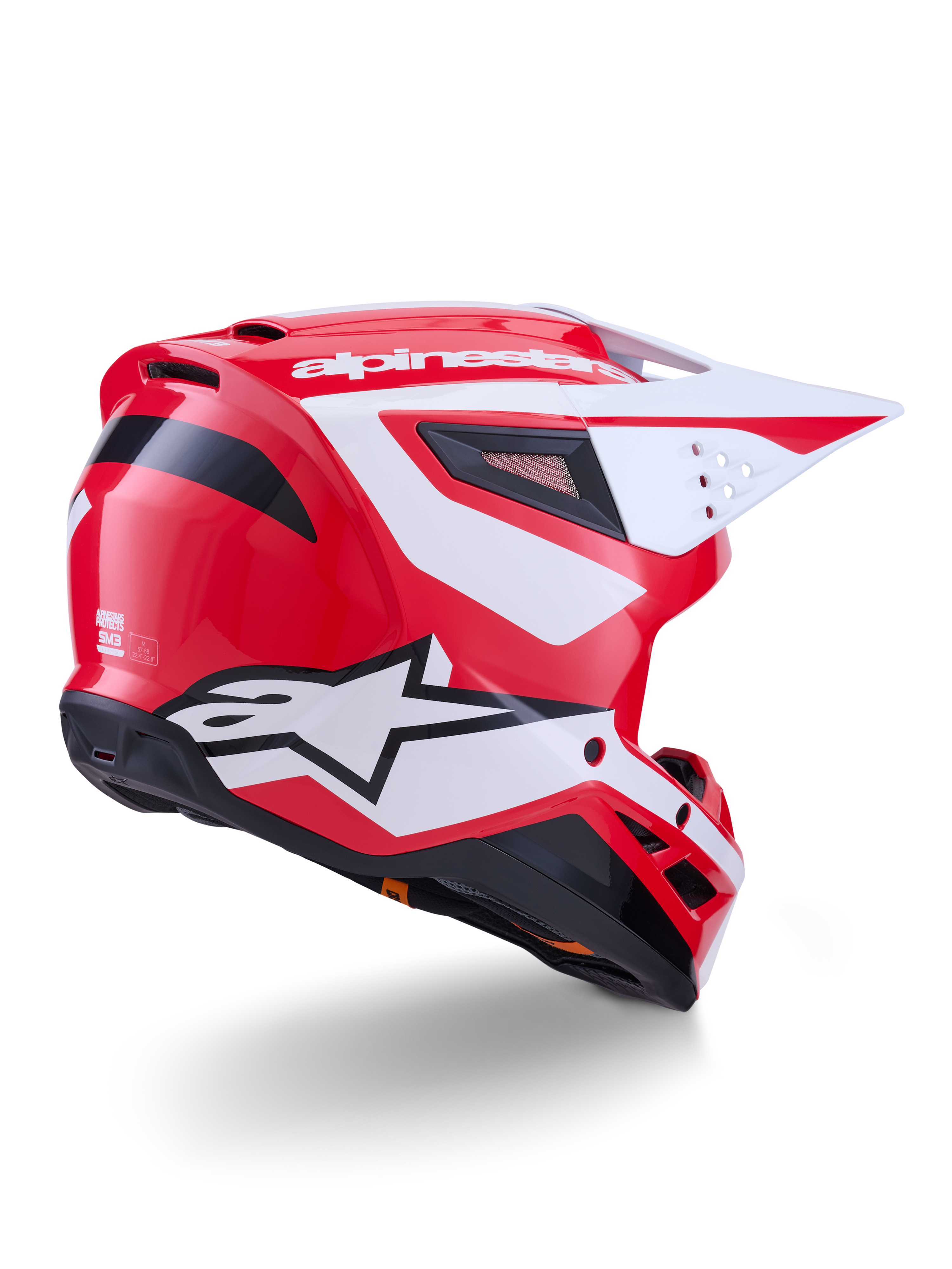 Alpinestars S-M3 Heat, casco de motocross rojo, blanco y negro brillante, certificado ECE 22.06, vista trasera tres cuartos.