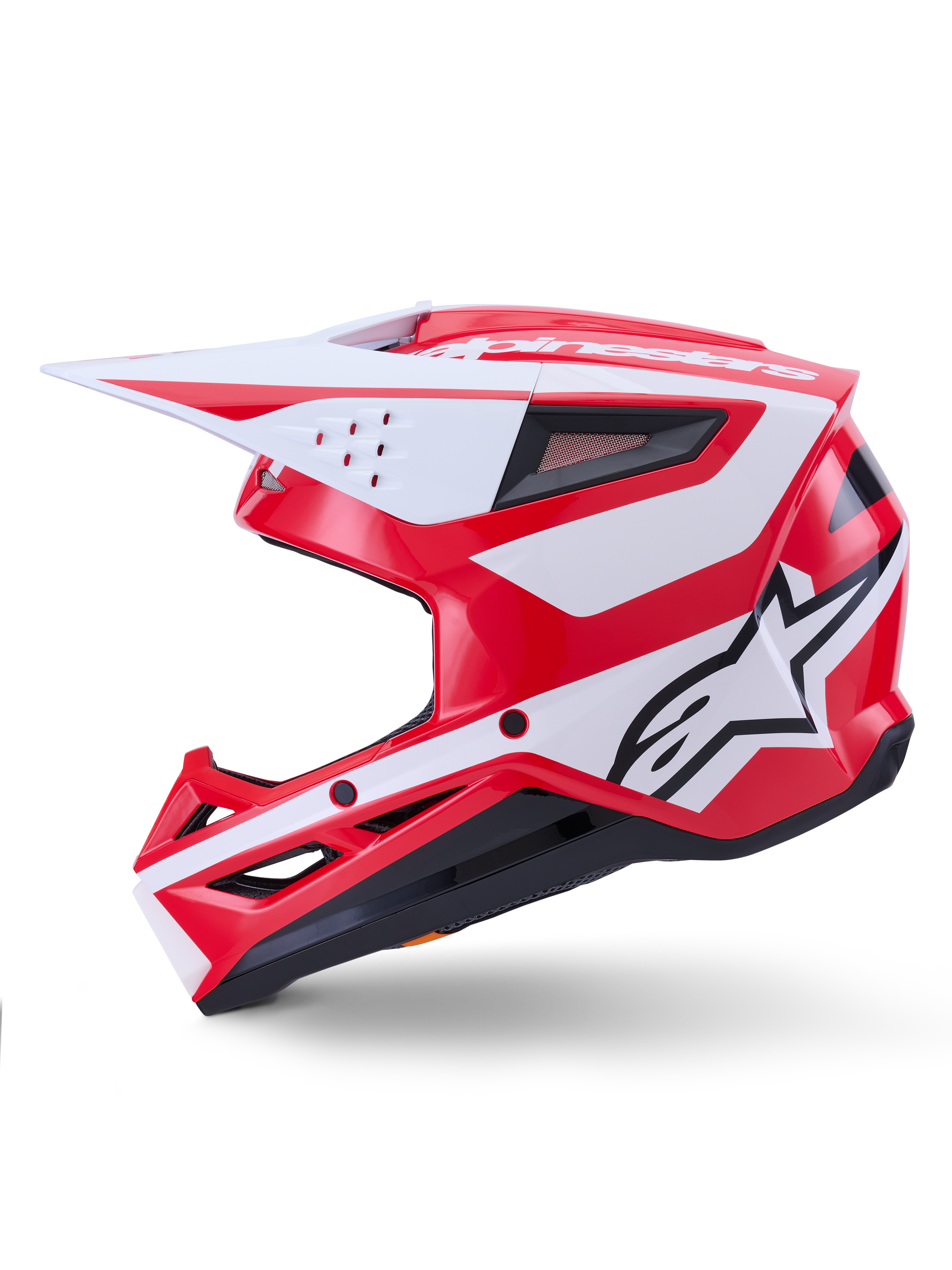 Alpinestars S-M3 Heat, casco de motocross rojo y blanco brillante, certificado ECE, vista de perfil lateral.