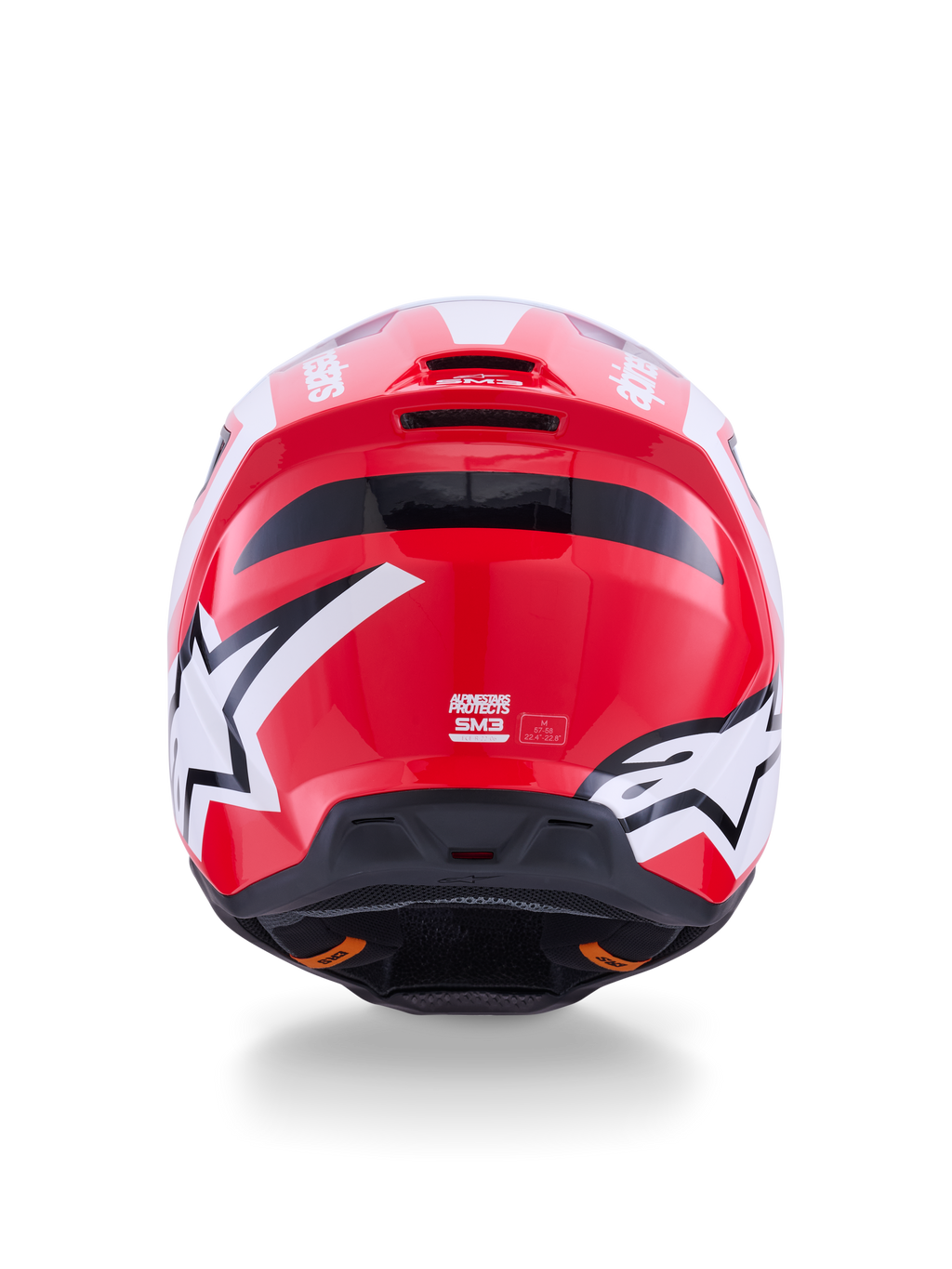 Casco Alpinestars S-M3 Heat, de motocross, rojo y blanco brillante, vista trasera con logos de estrellas y puertos de escape