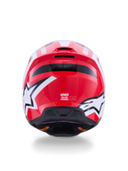 Casco Alpinestars S-M3 Heat, de motocross, rojo y blanco brillante, vista trasera con logos de estrellas y puertos de escape