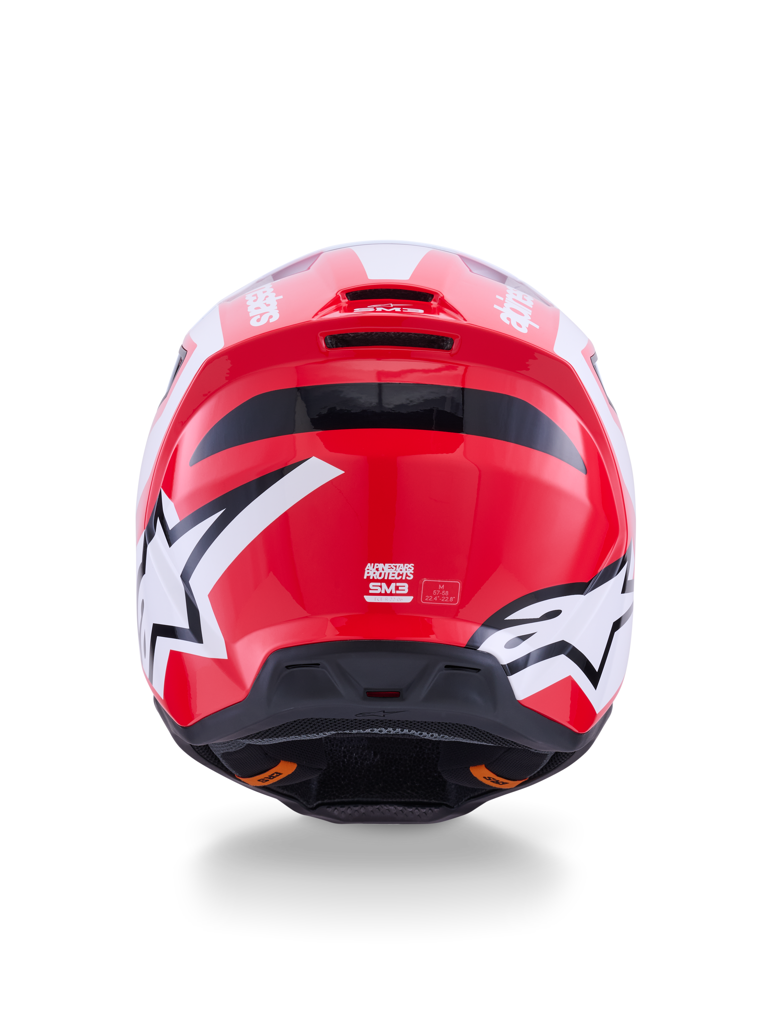 Casco Alpinestars S-M3 Heat, de motocross, rojo y blanco brillante, vista trasera con logos de estrellas y puertos de escape