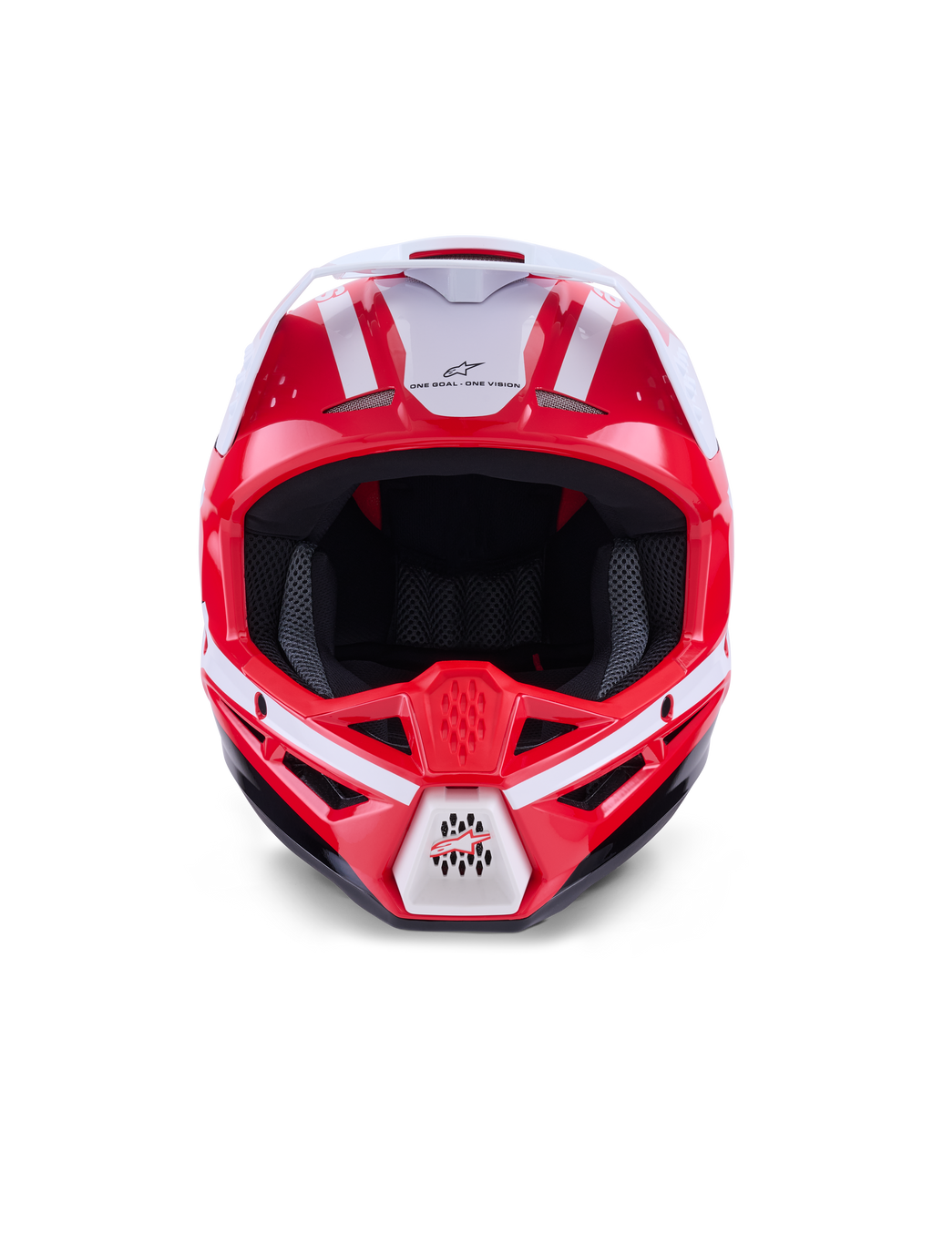 Alpinestars S-M3 Heat, casco de motocross en rojo, blanco y negro, con certificación ECE 22.06, vista frontal detallada.