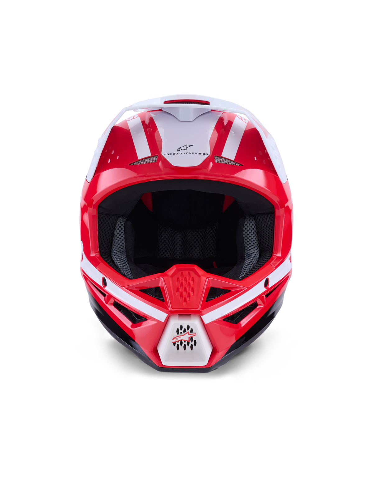 Alpinestars S-M3 Heat, casco de motocross en rojo, blanco y negro, con certificación ECE 22.06, vista frontal detallada.